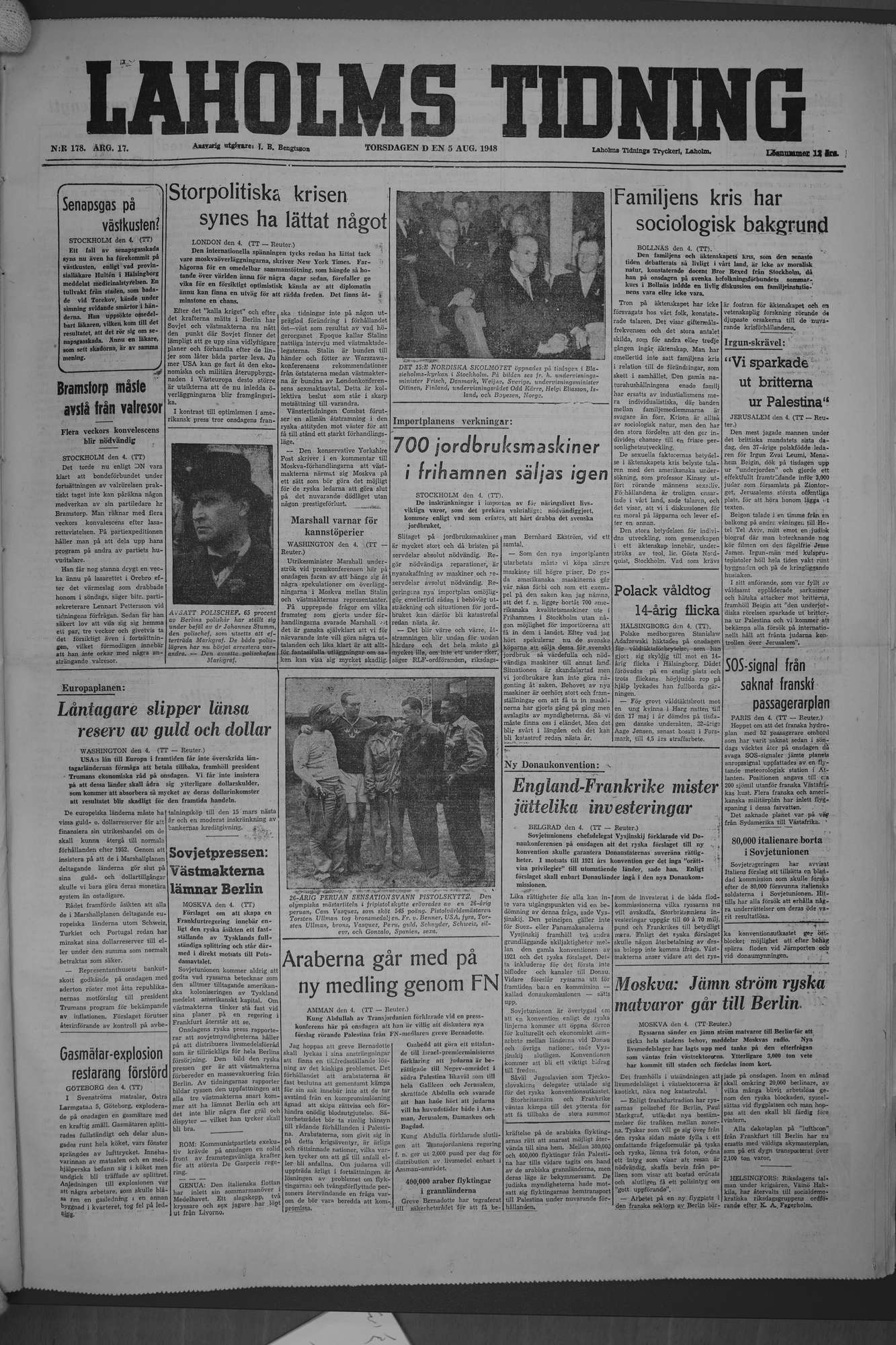Laholms Tidning Torsdag 5 augusti 1948, sida 1