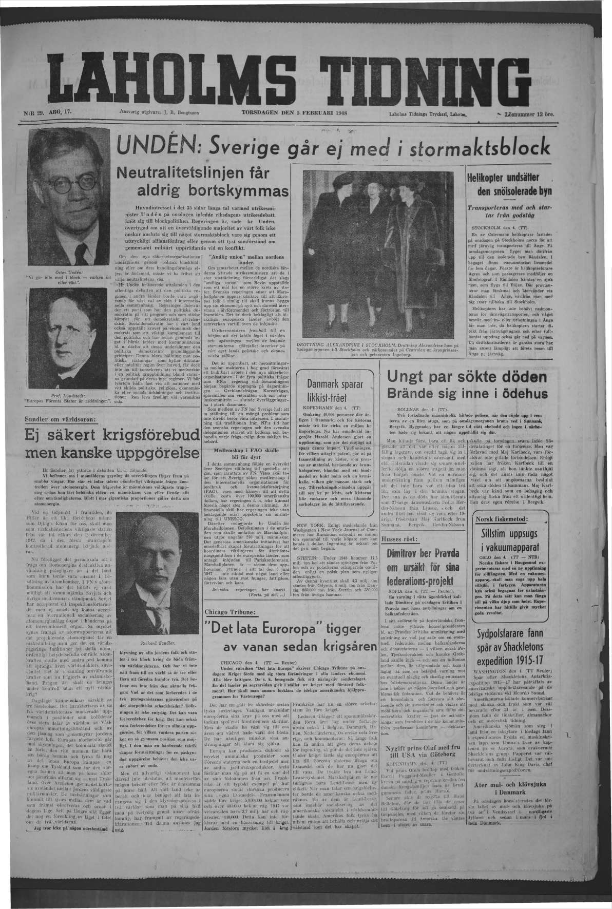 Laholms Tidning Torsdag 5 februari 1948, sida 1