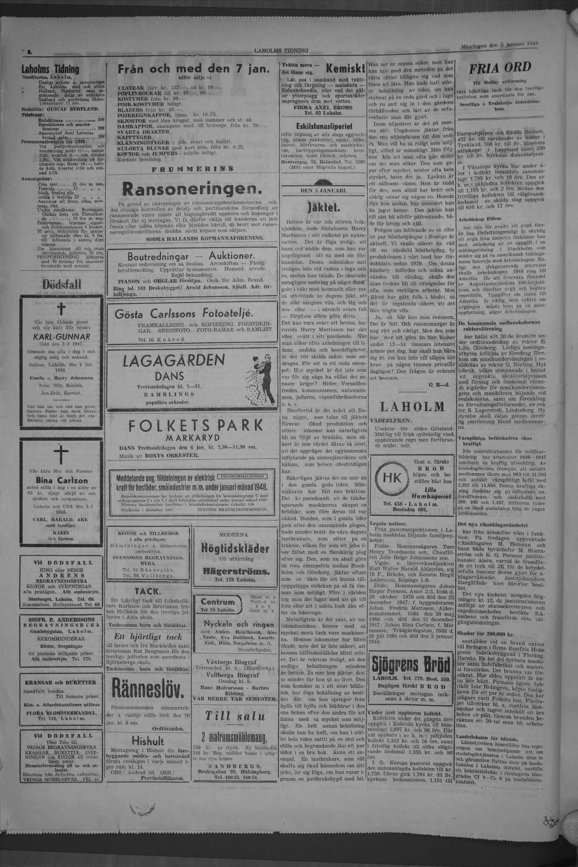 Laholms Tidning Måndag 5 januari 1948, sida 2