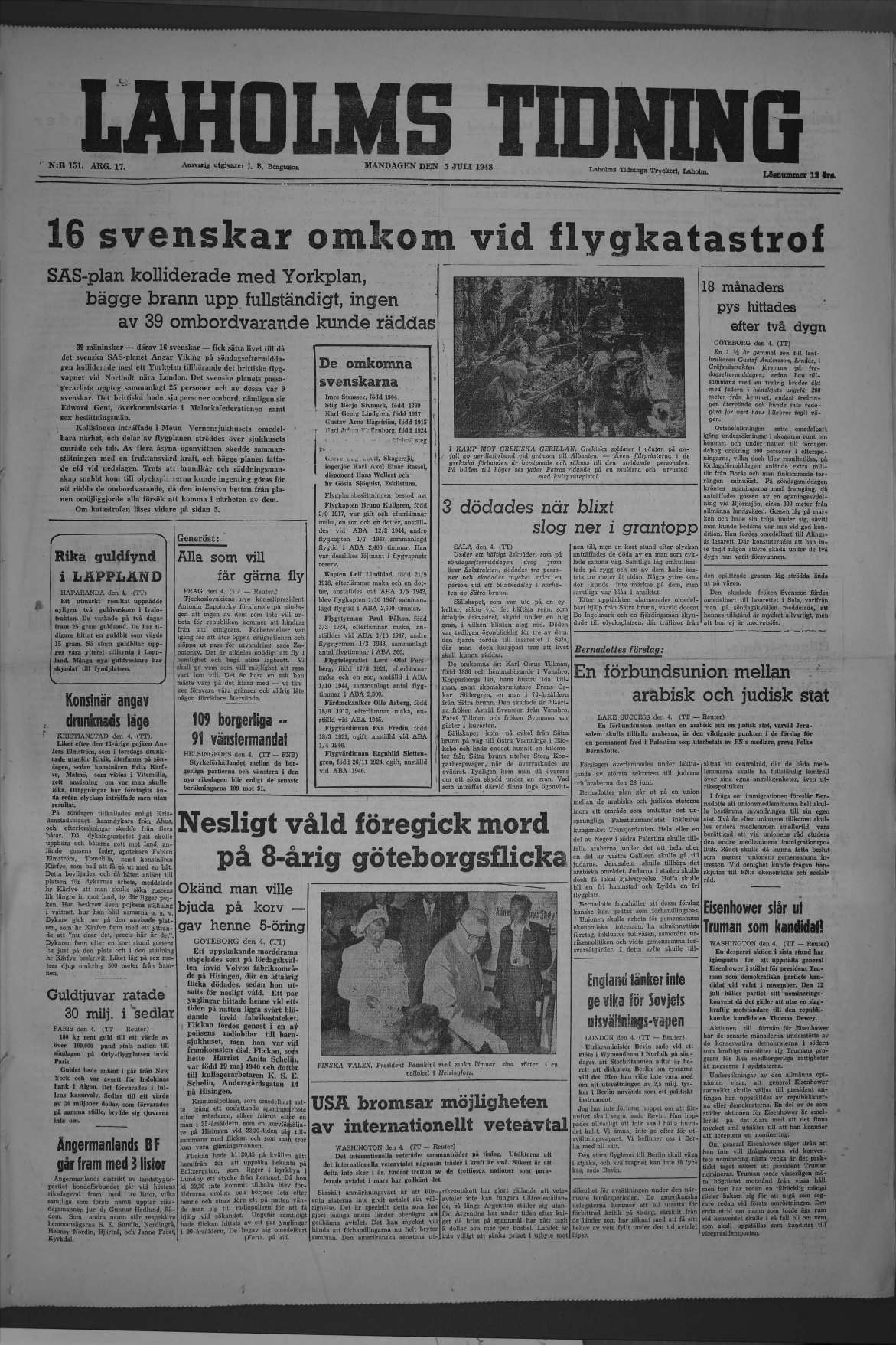 Laholms Tidning Måndag 5 juli 1948, sida 1