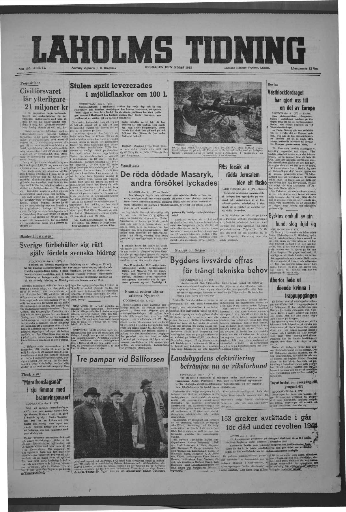 Laholms Tidning Onsdag 5 maj 1948, sida 1