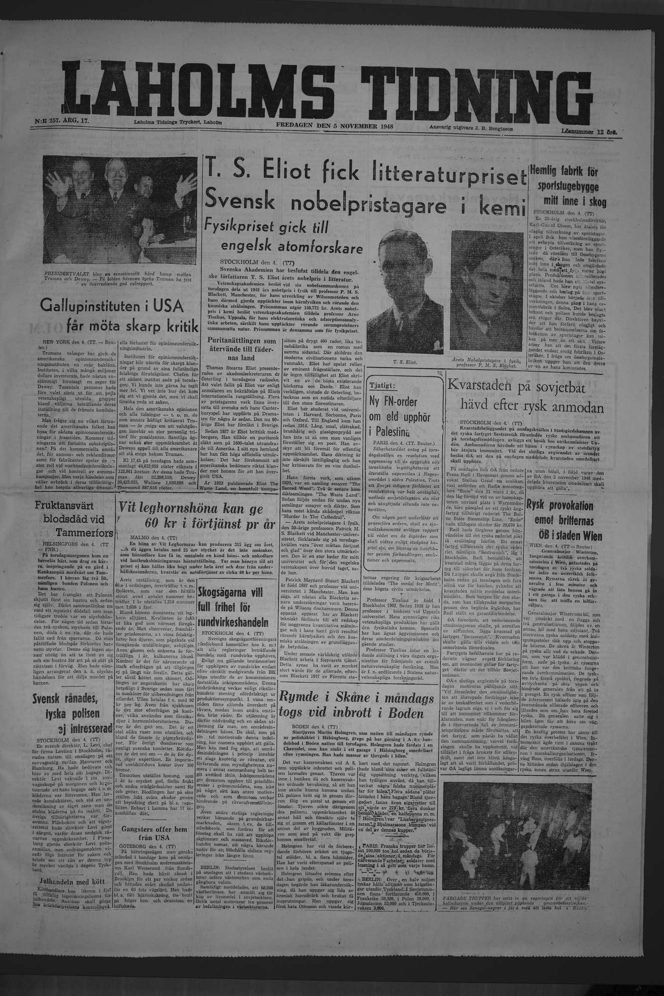Laholms Tidning Fredag 5 november 1948, sida 1