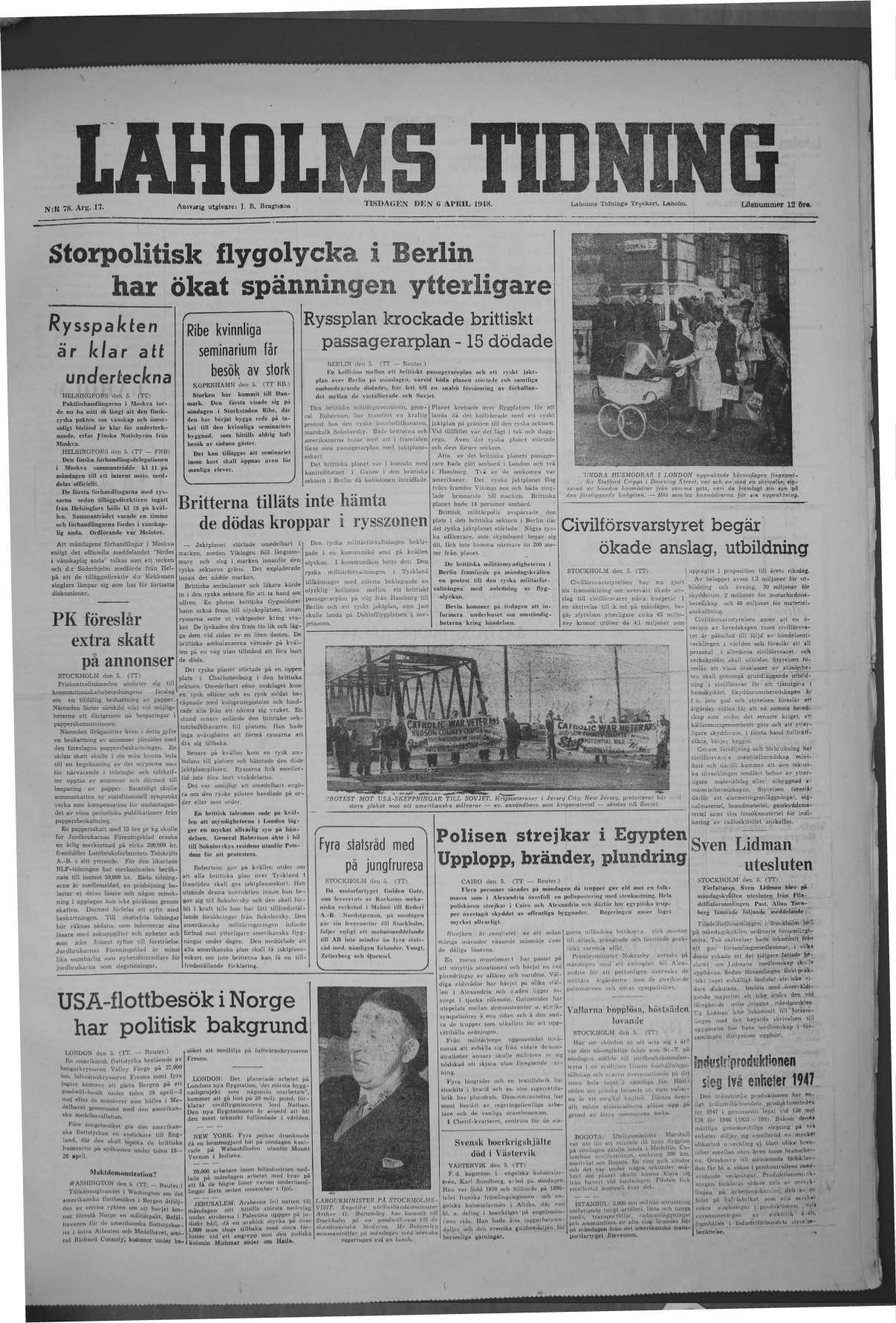 Laholms Tidning Tisdag 6 april 1948, sida 1