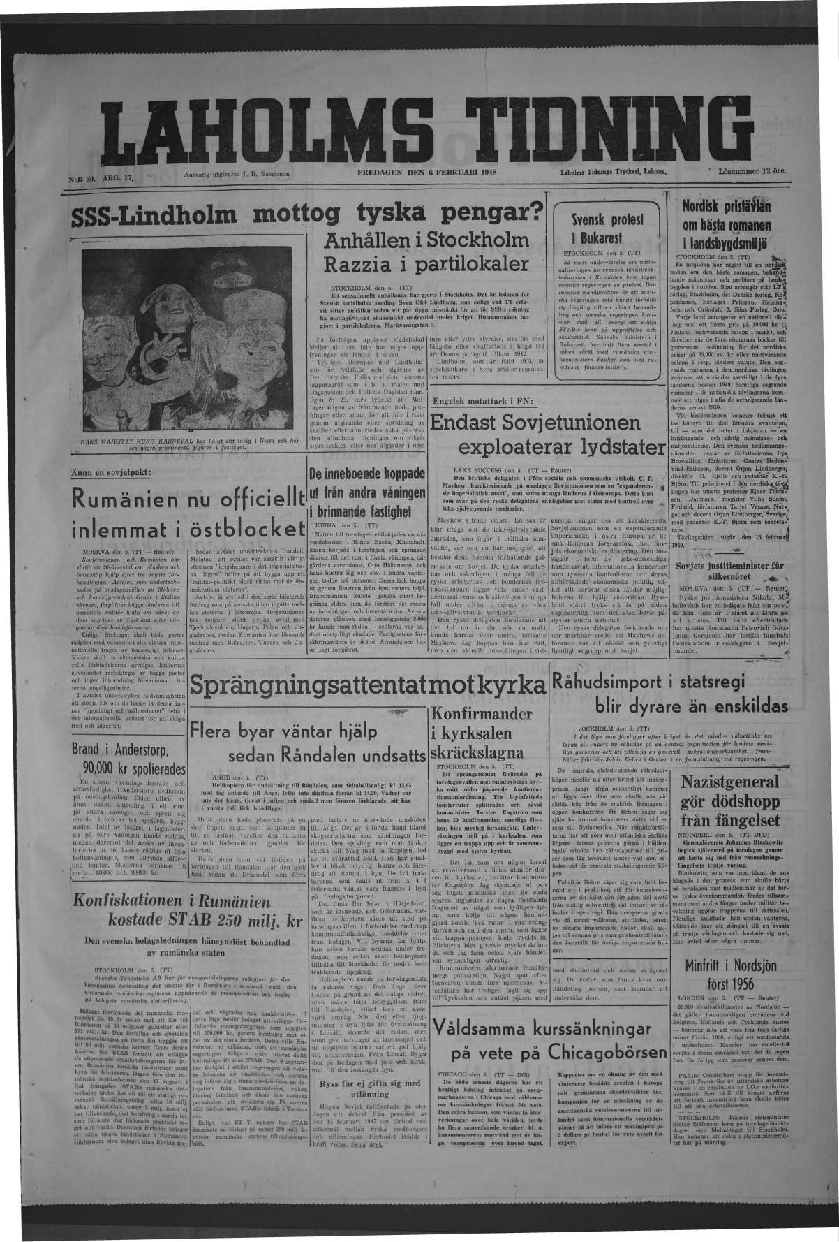 Laholms Tidning Fredag 6 februari 1948, sida 1