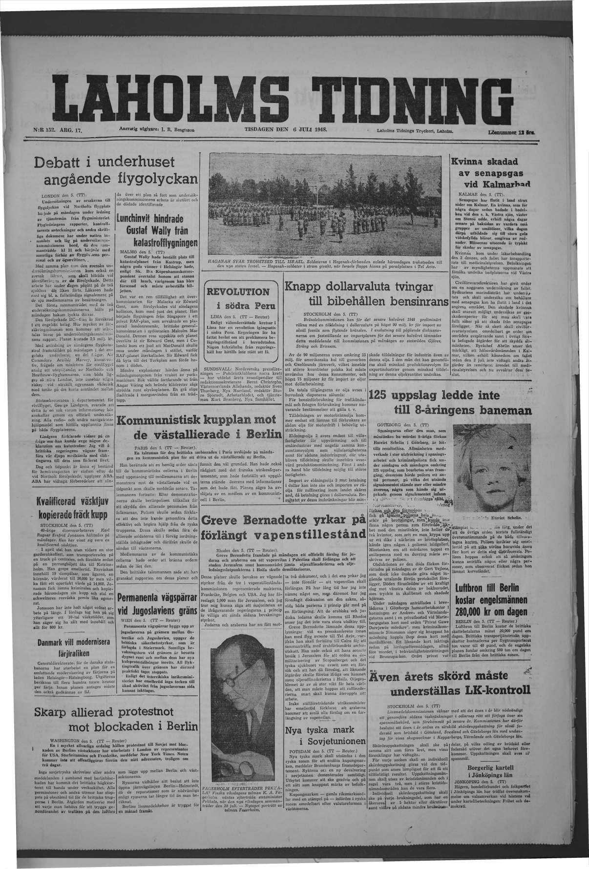 Laholms Tidning Tisdag 6 juli 1948, sida 1