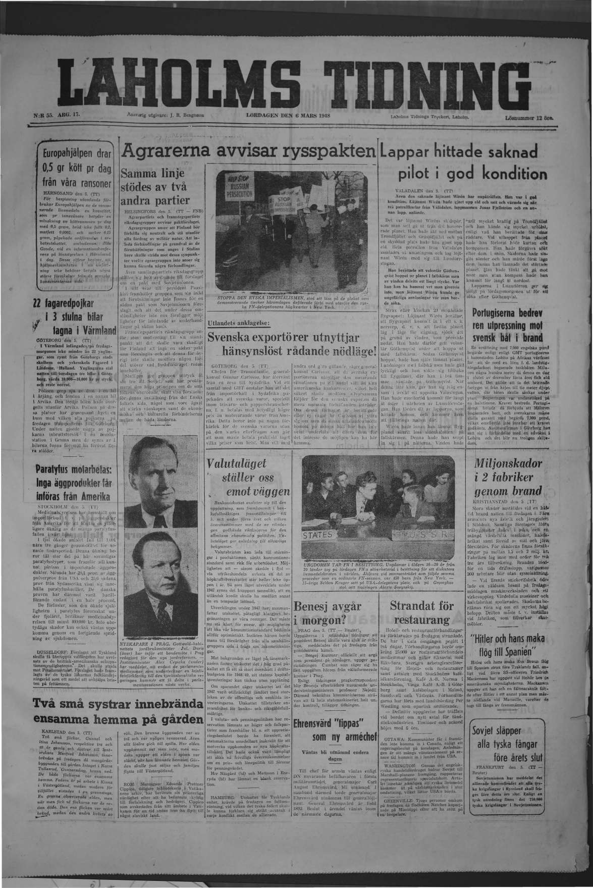 Laholms Tidning Lördag 6 mars 1948, sida 1