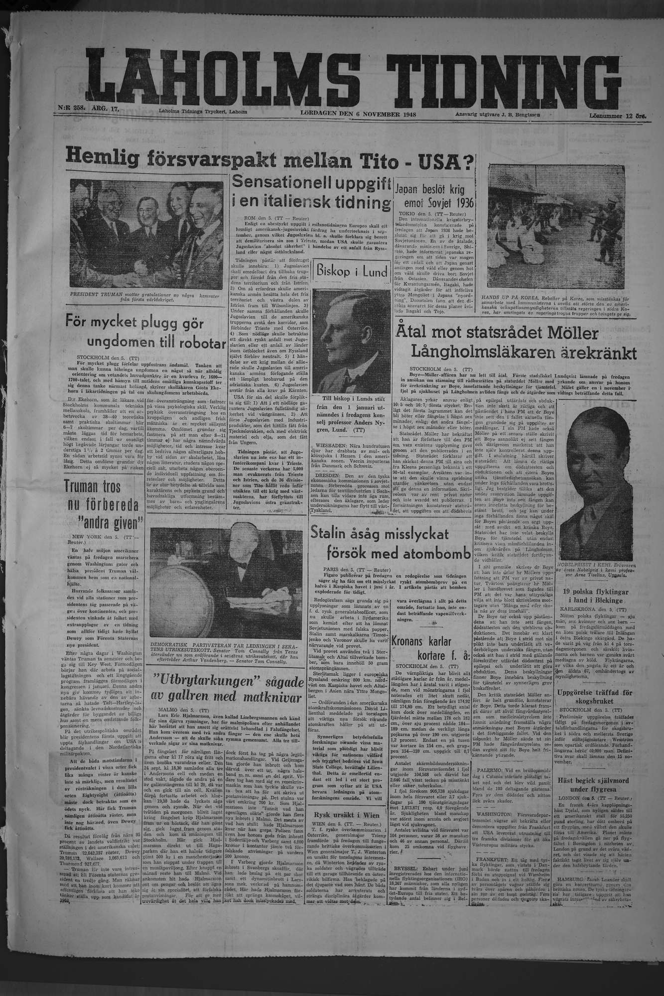 Laholms Tidning Lördag 6 november 1948, sida 1