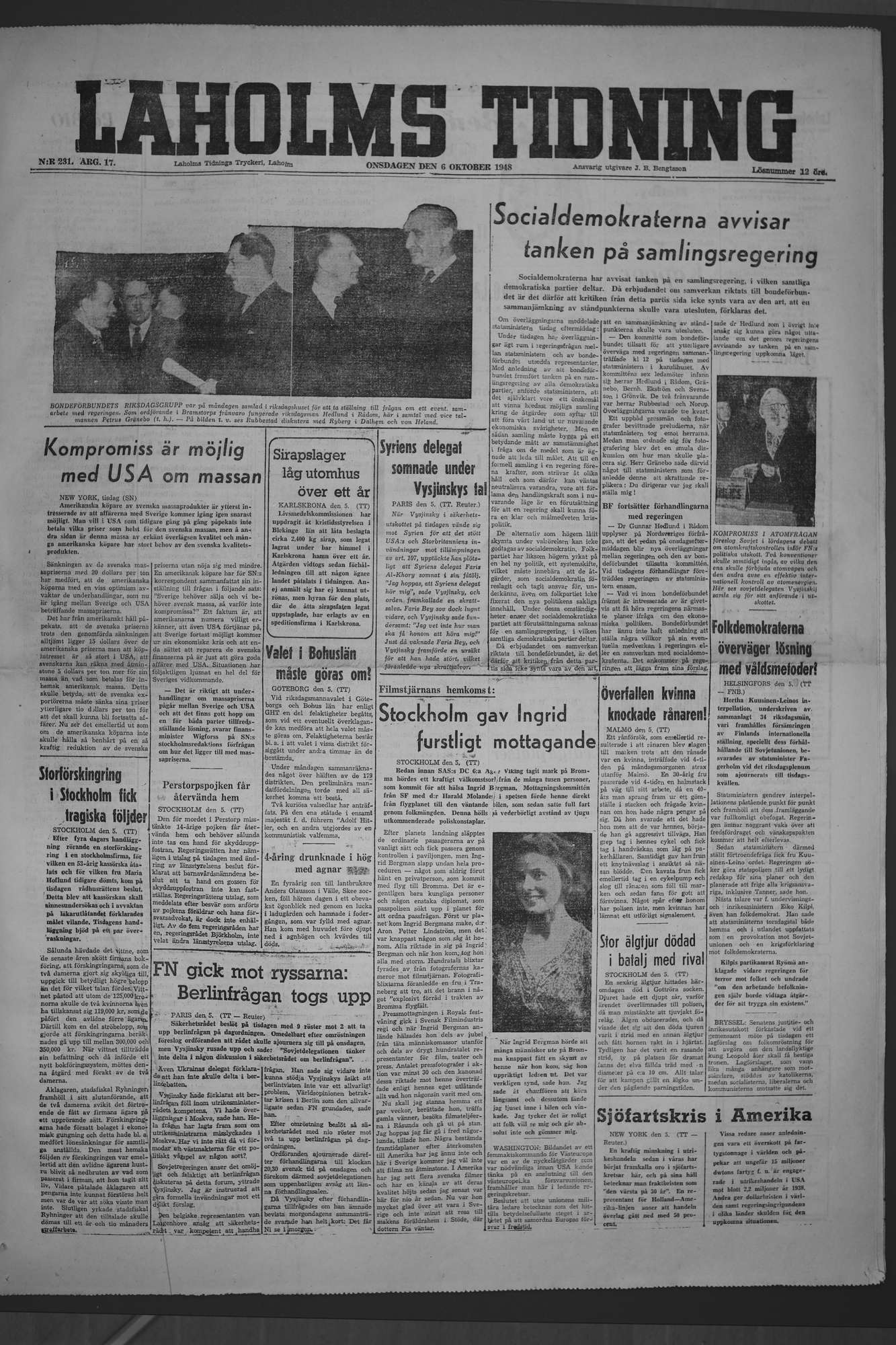 Laholms Tidning Onsdag 6 oktober 1948, sida 1