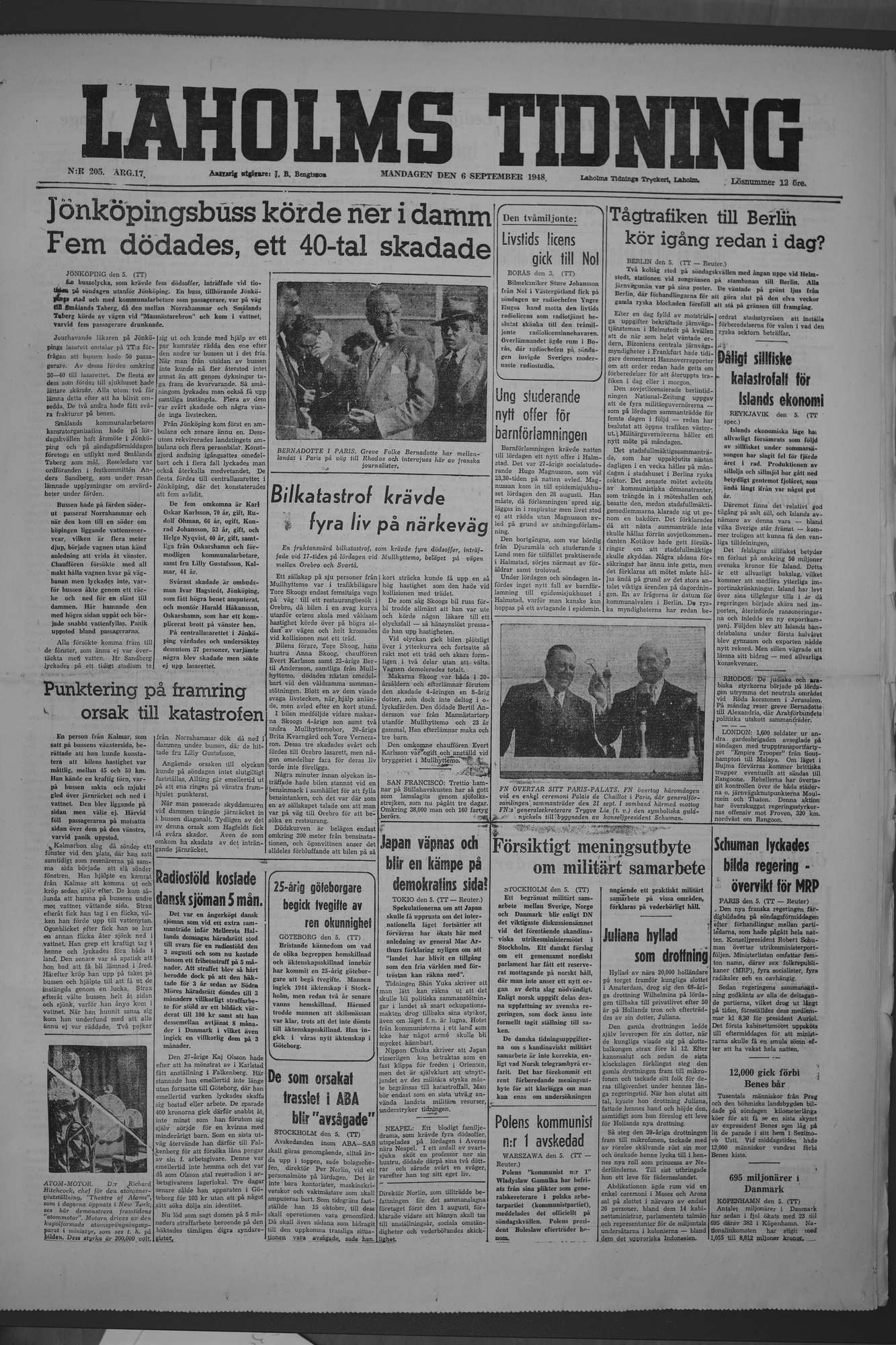 Laholms Tidning Måndag 6 september 1948, sida 1