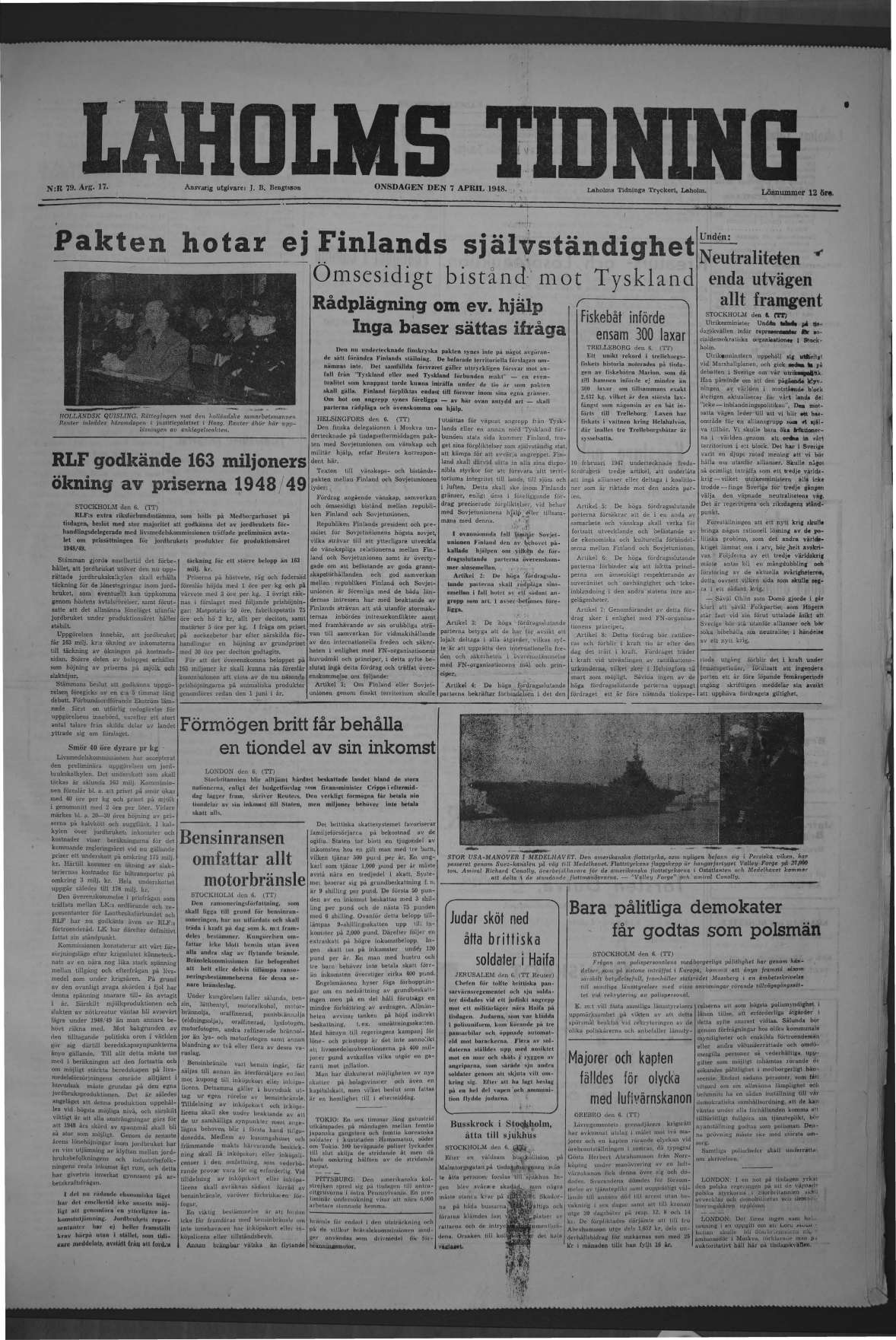 Laholms Tidning Onsdag 7 april 1948, sida 1