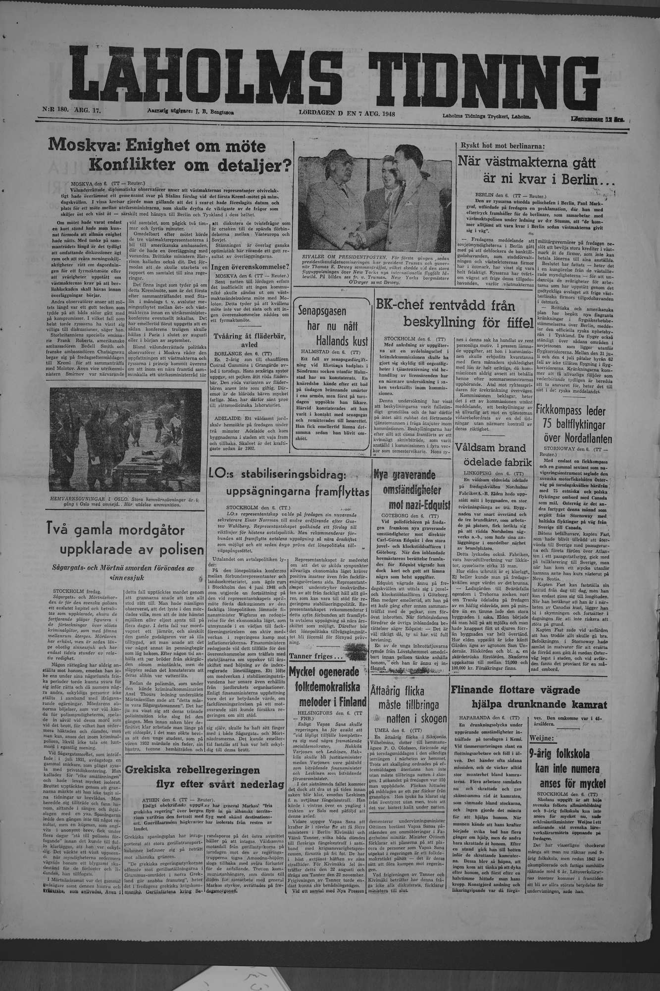 Laholms Tidning Lördag 7 augusti 1948, sida 1