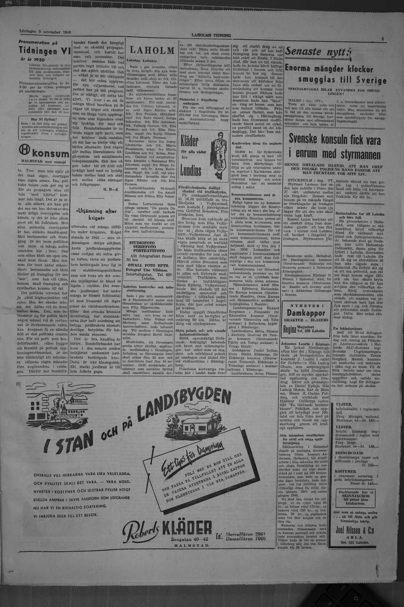 Laholms Tidning Lördag 5 november 1949, sida 3