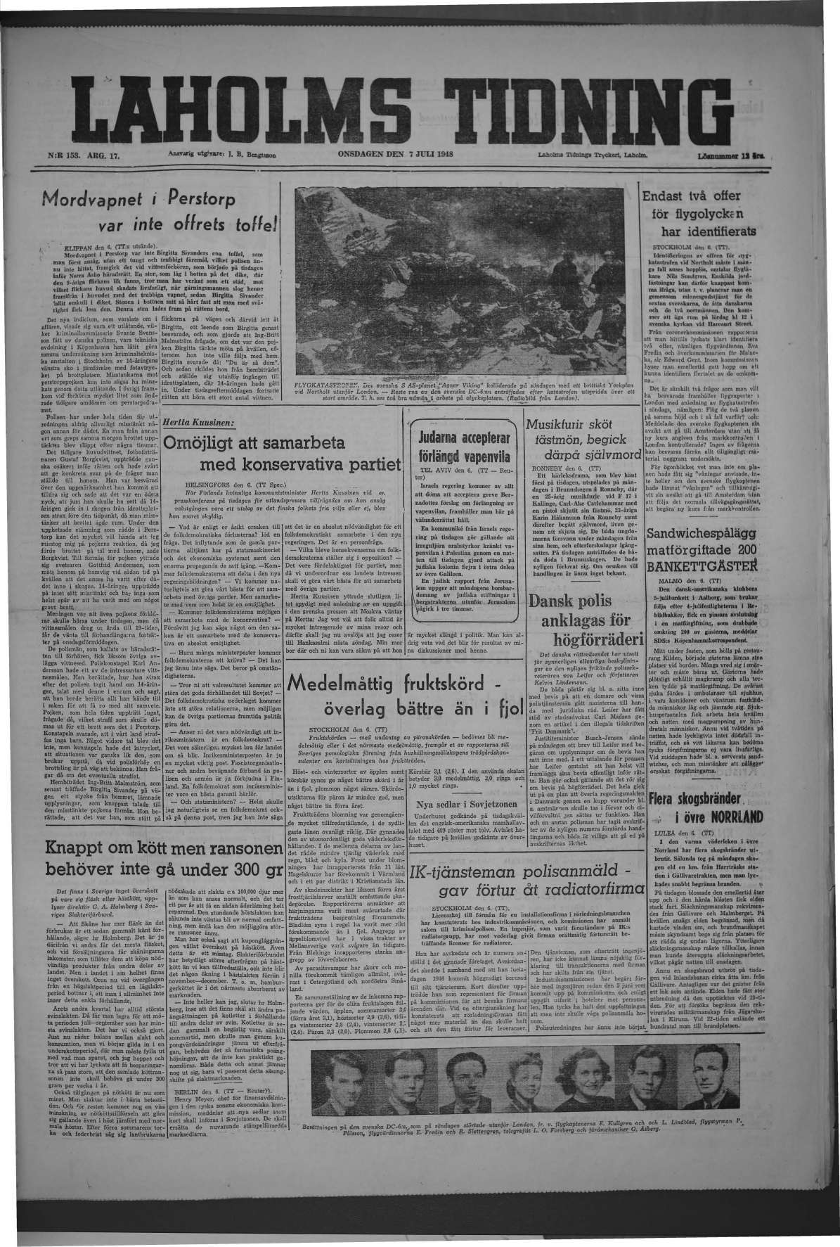 Laholms Tidning Onsdag 7 juli 1948, sida 1