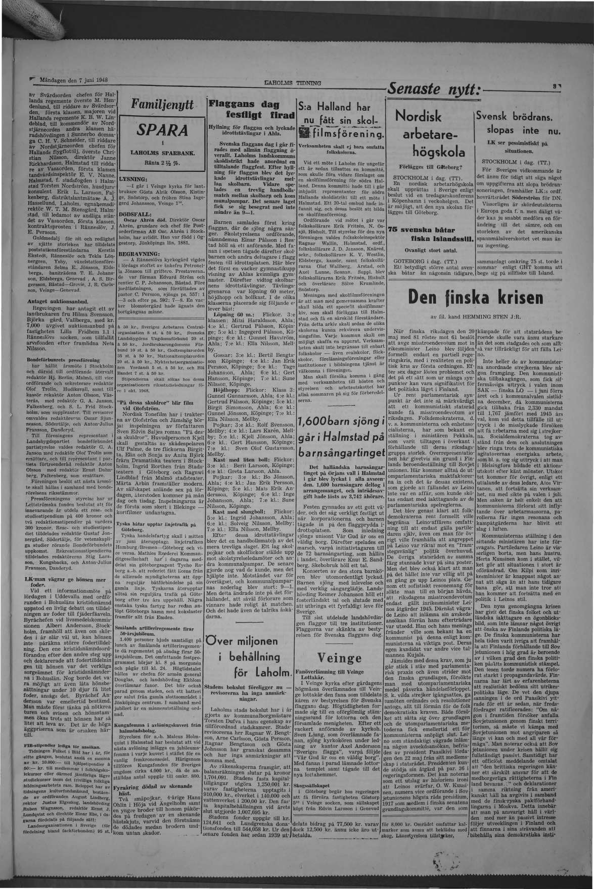 Laholms Tidning Måndag 7 juni 1948, sida 3