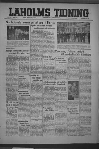 Förstasidan, Tisdag 7 september 1948