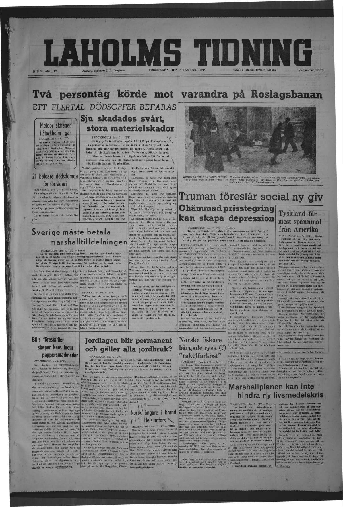 Laholms Tidning Torsdag 8 januari 1948, sida 1
