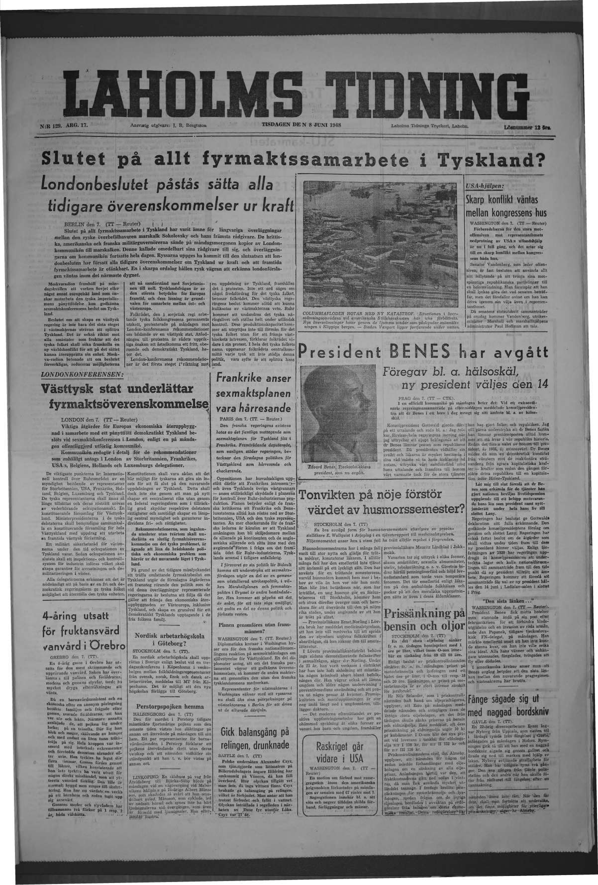 Laholms Tidning Tisdag 8 juni 1948, sida 1