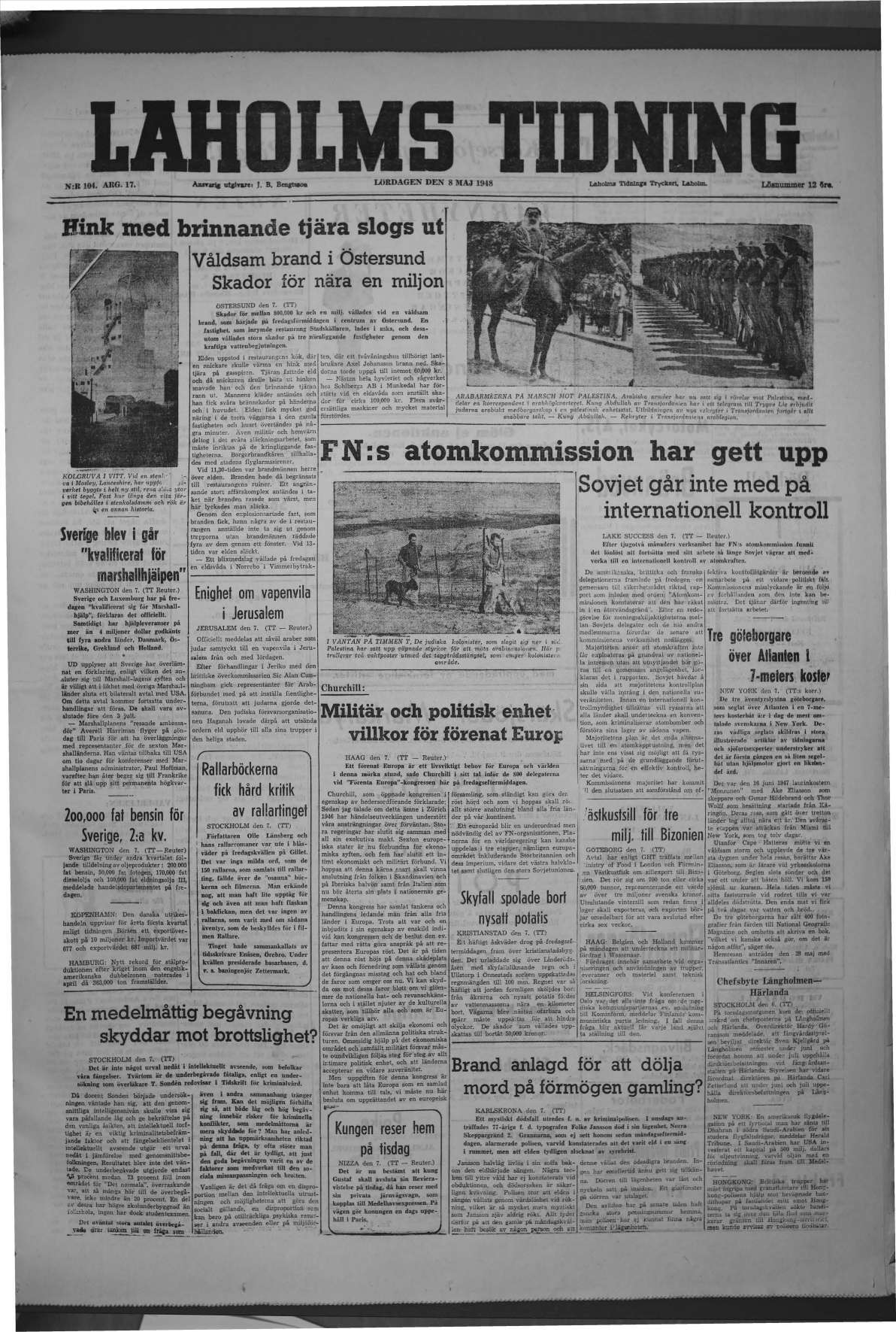 Laholms Tidning Lördag 8 maj 1948, sida 1