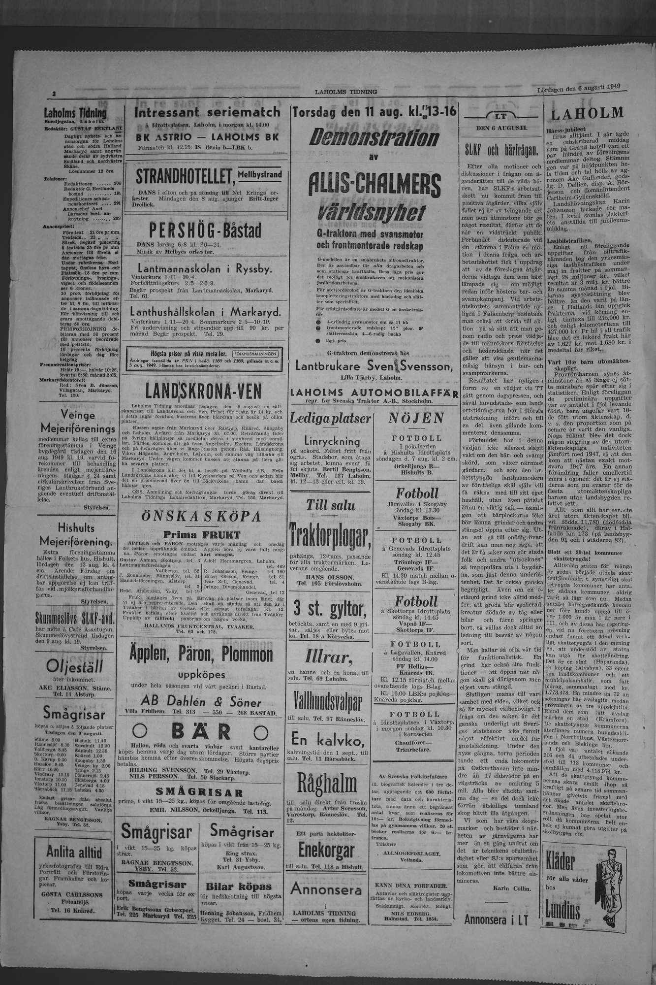 Laholms Tidning Lördag 6 augusti 1949, sida 2