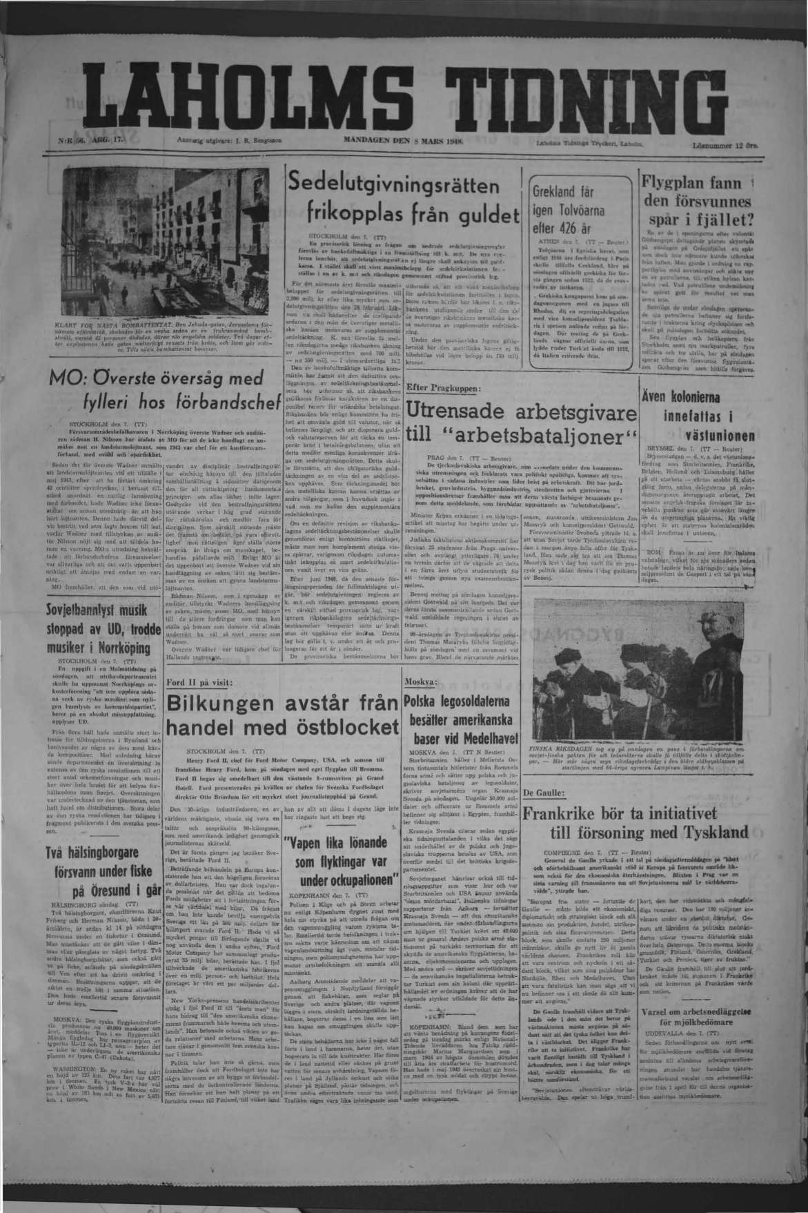 Laholms Tidning Måndag 8 mars 1948, sida 1