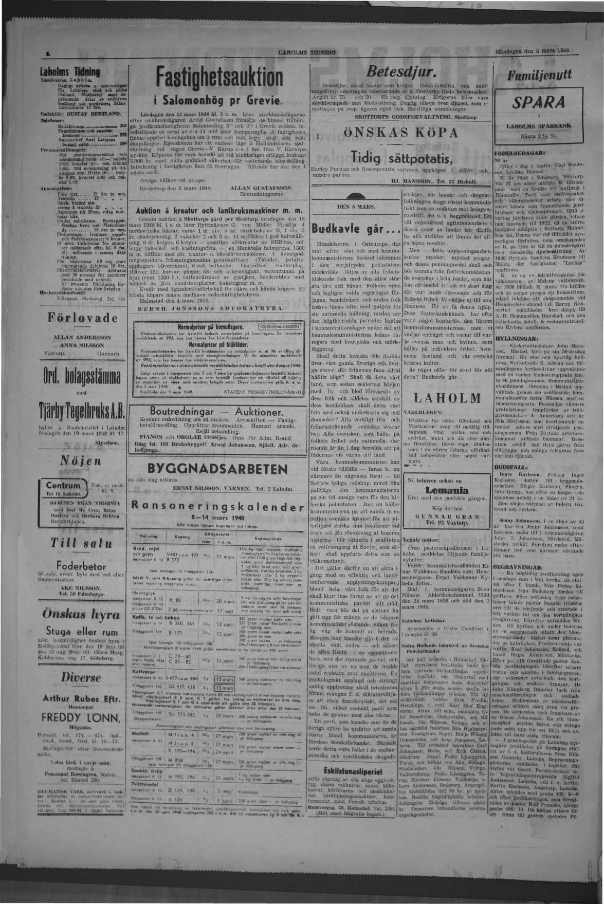 Laholms Tidning Måndag 8 mars 1948, sida 2