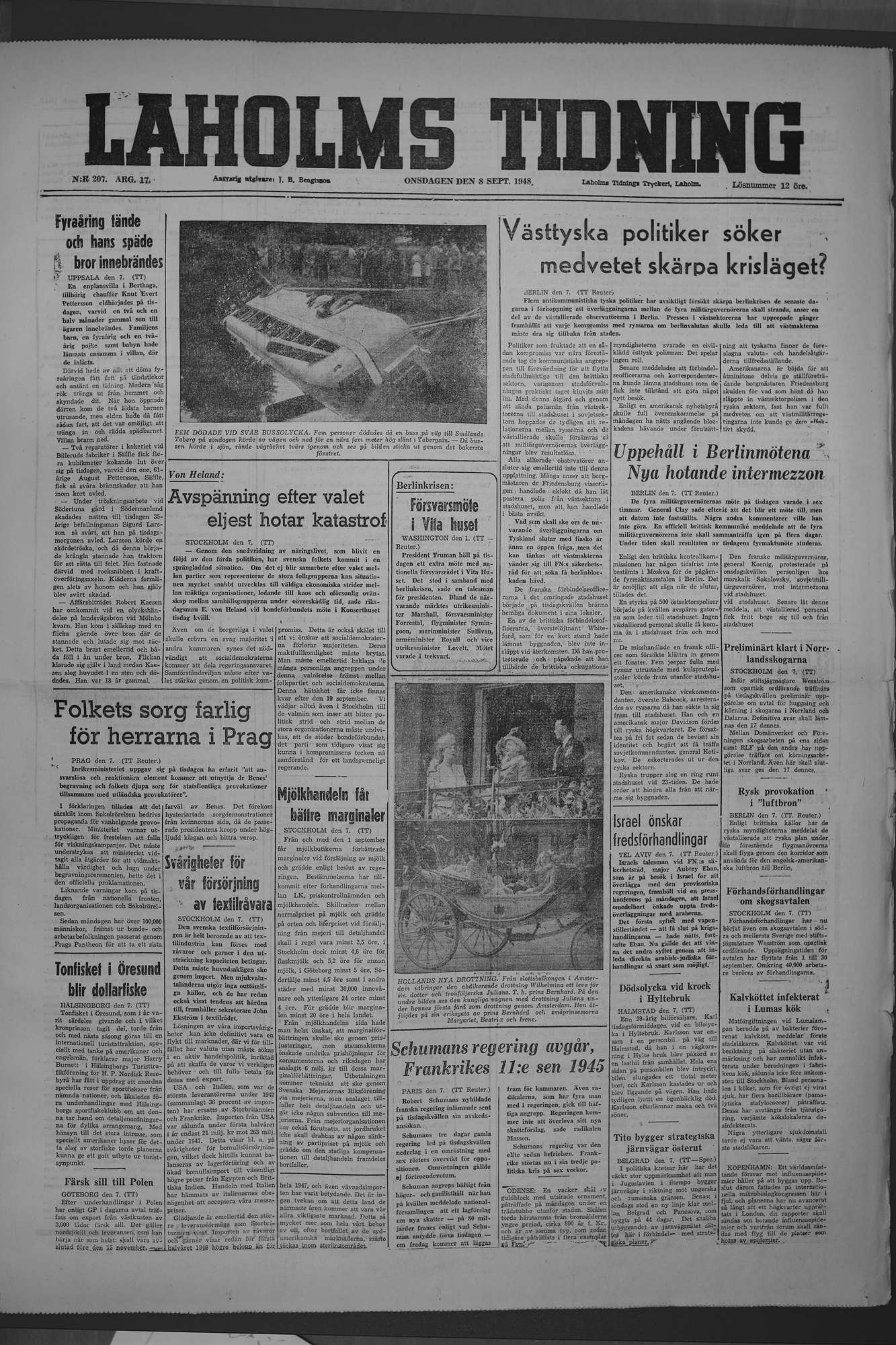 Laholms Tidning Onsdag 8 september 1948, sida 1