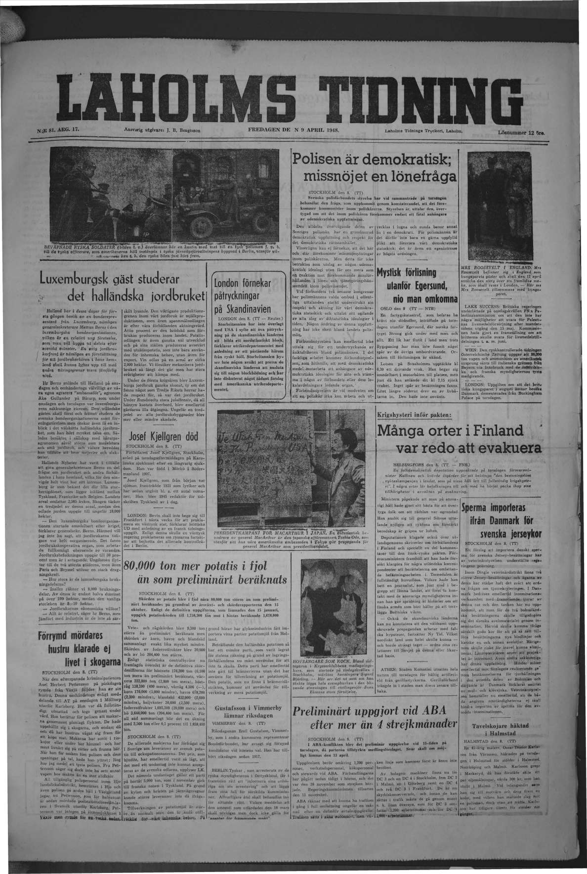 Laholms Tidning Fredag 9 april 1948, sida 1