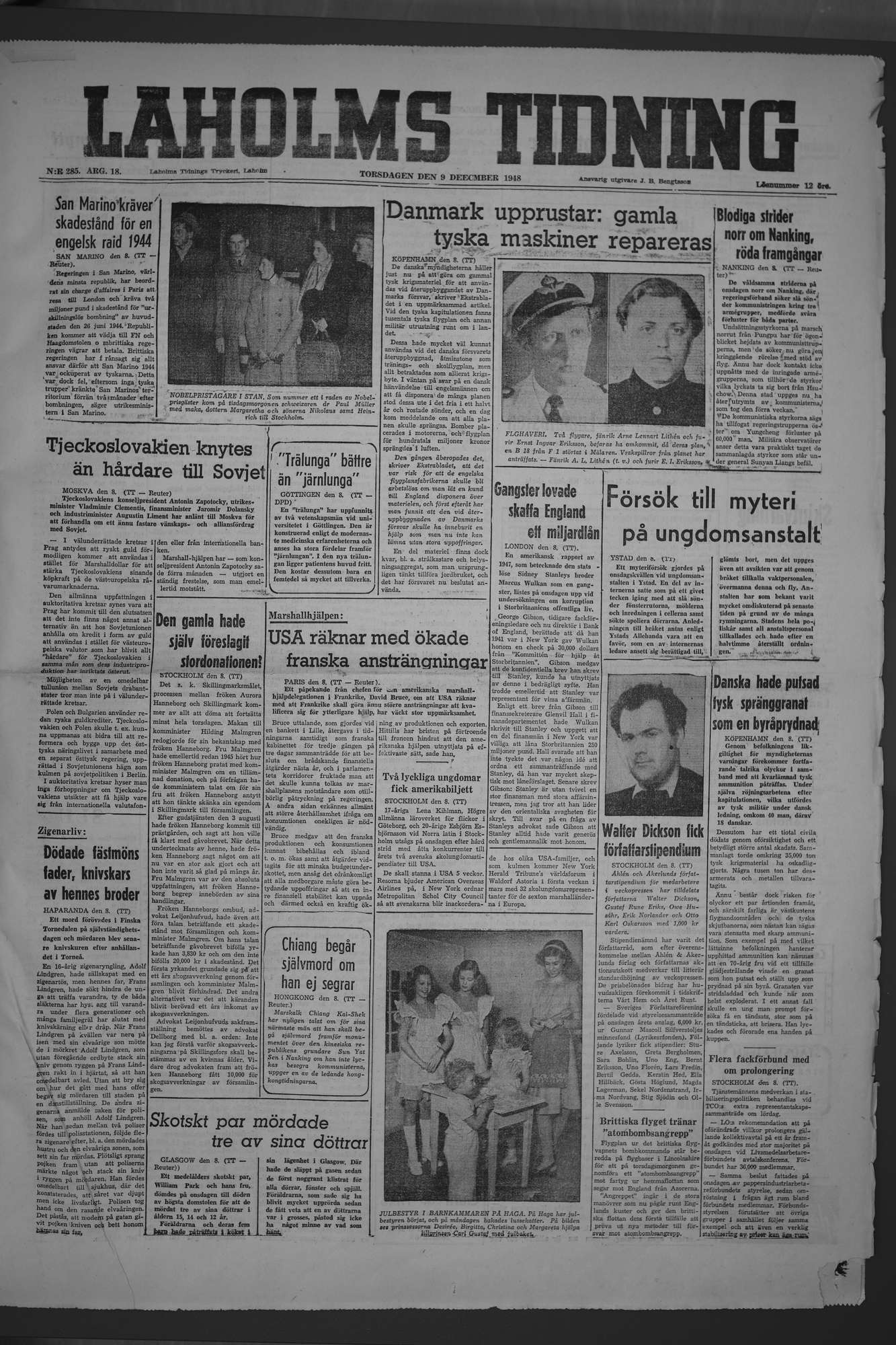 Laholms Tidning Torsdag 9 december 1948, sida 1