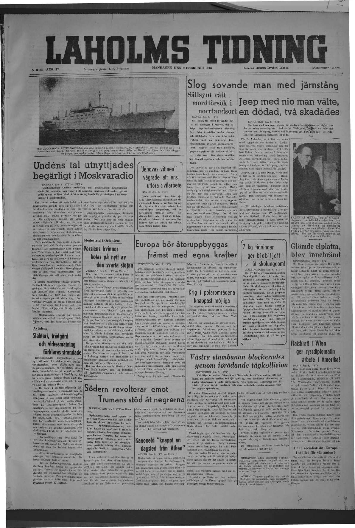 Laholms Tidning Måndag 9 februari 1948, sida 1