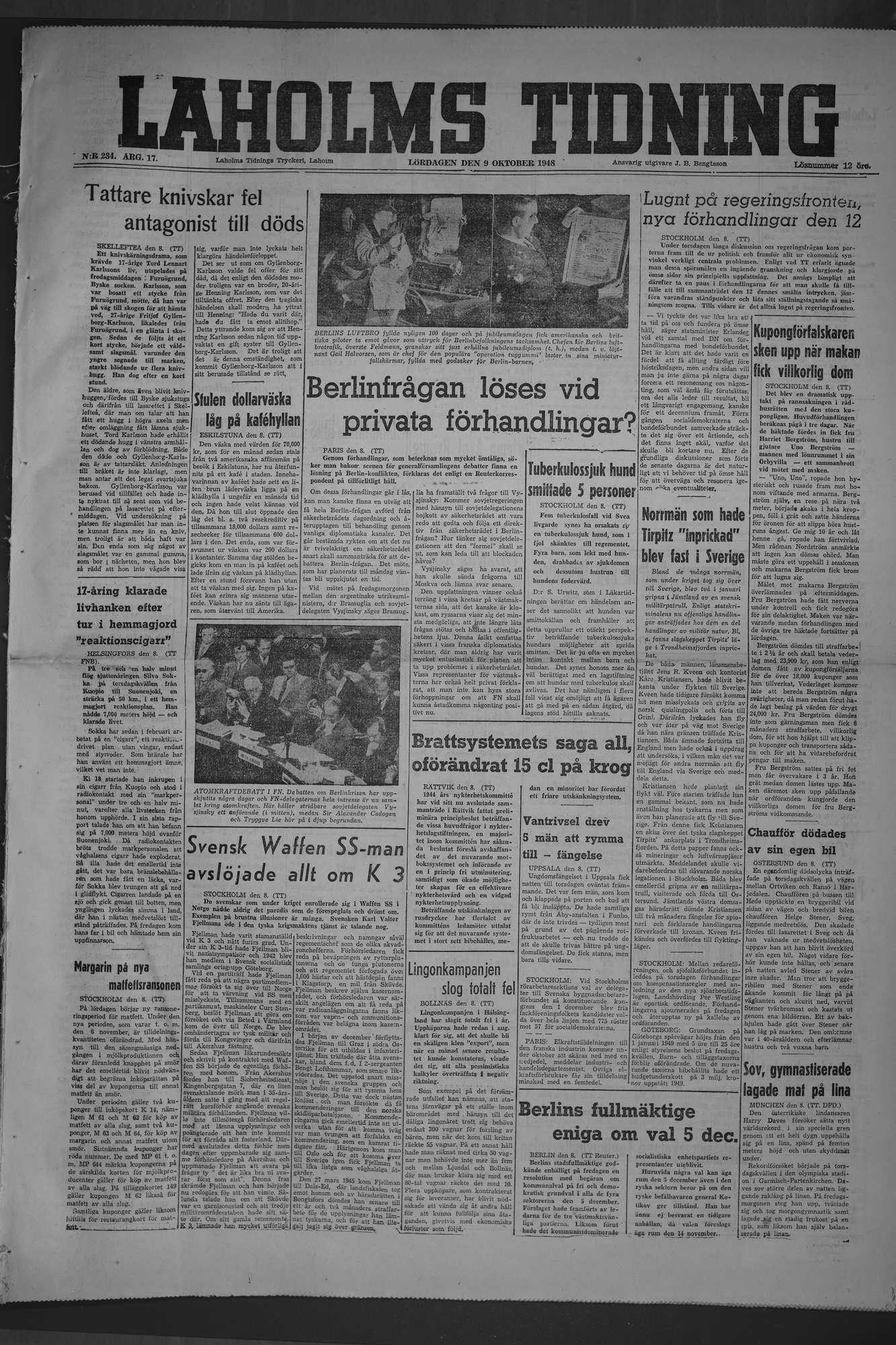 Laholms Tidning Lördag 9 oktober 1948, sida 1