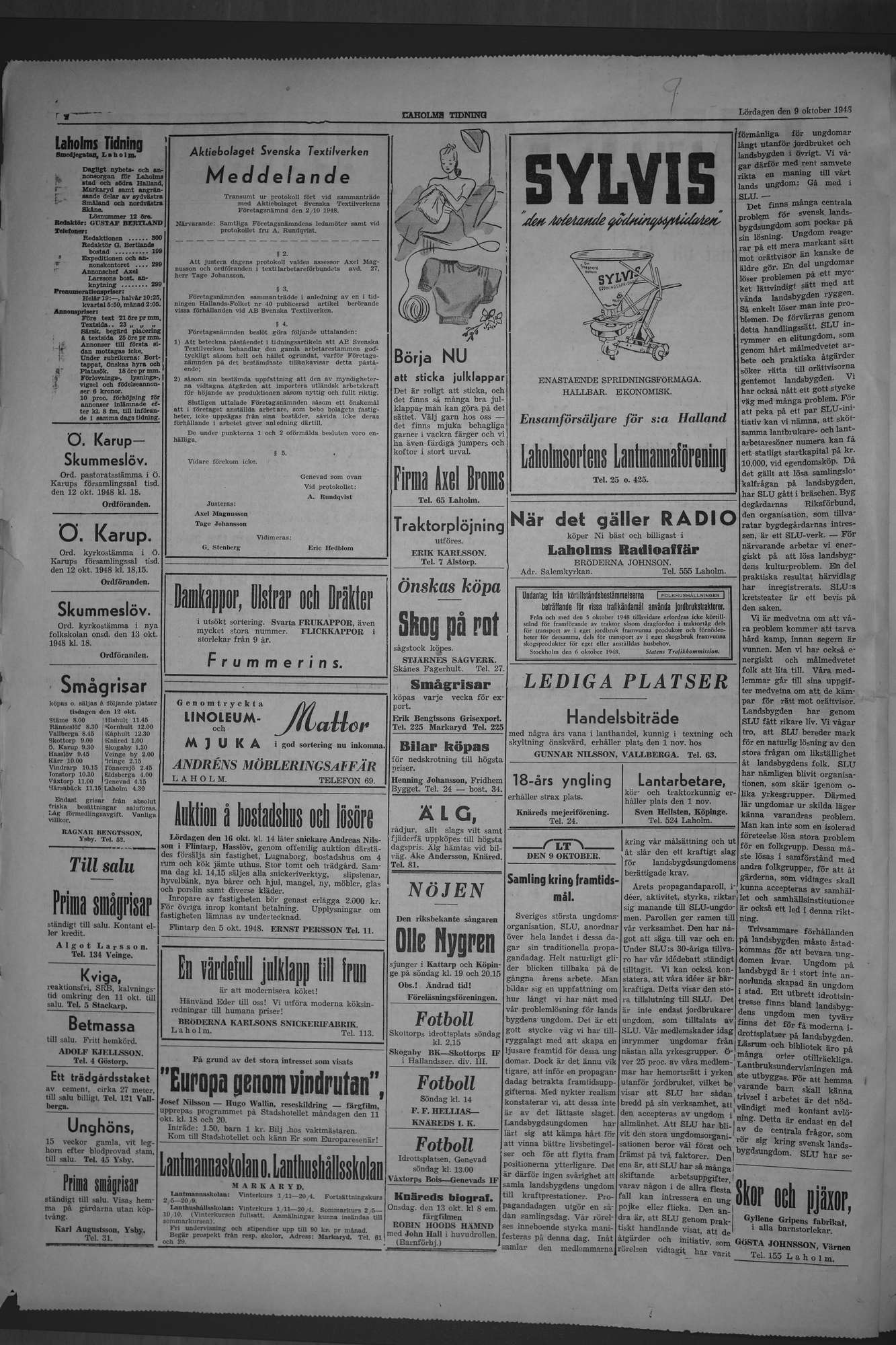 Laholms Tidning Lördag 9 oktober 1948, sida 2