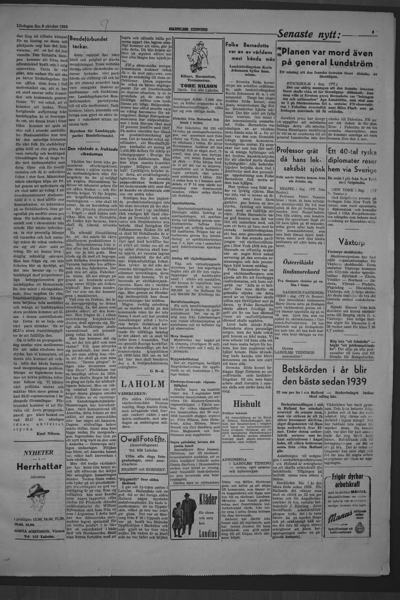 Laholms Tidning Lördag 9 oktober 1948, sida 3
