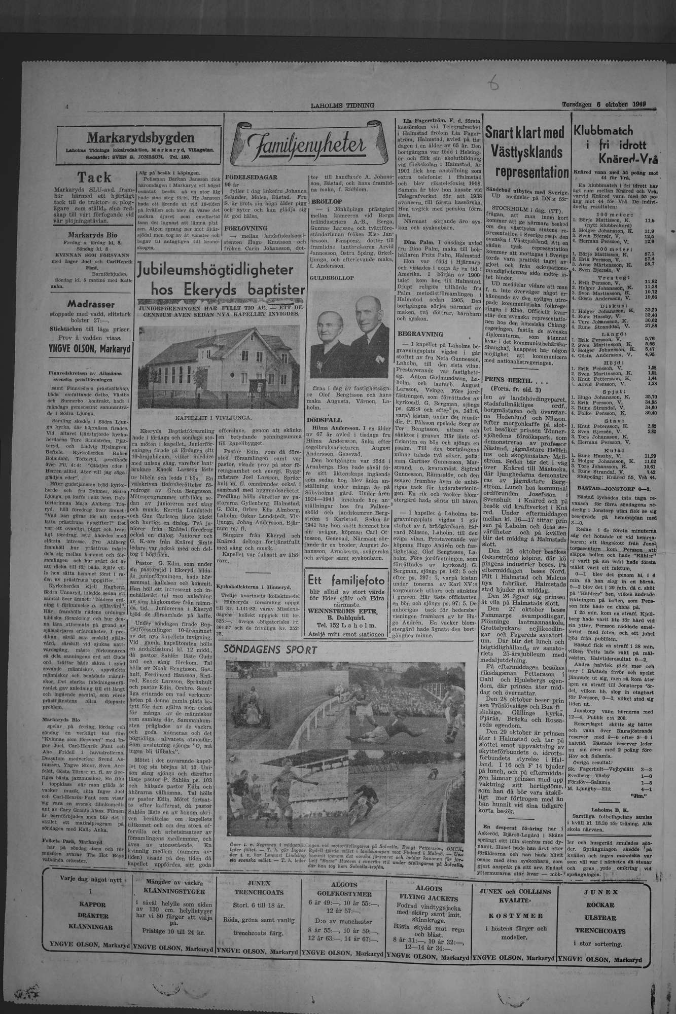 Laholms Tidning Torsdag 6 oktober 1949, sida 4