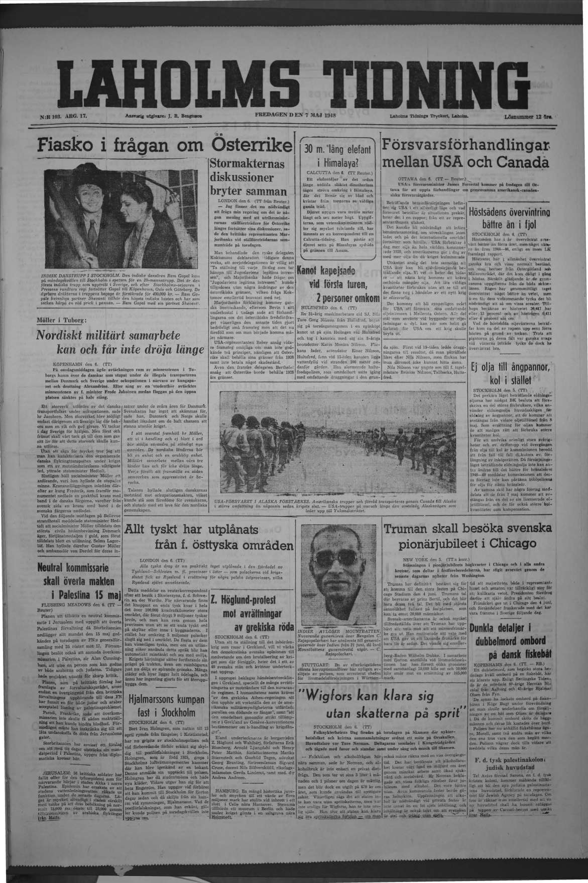 Laholms Tidning Fredag 7 maj 1948, sida 1