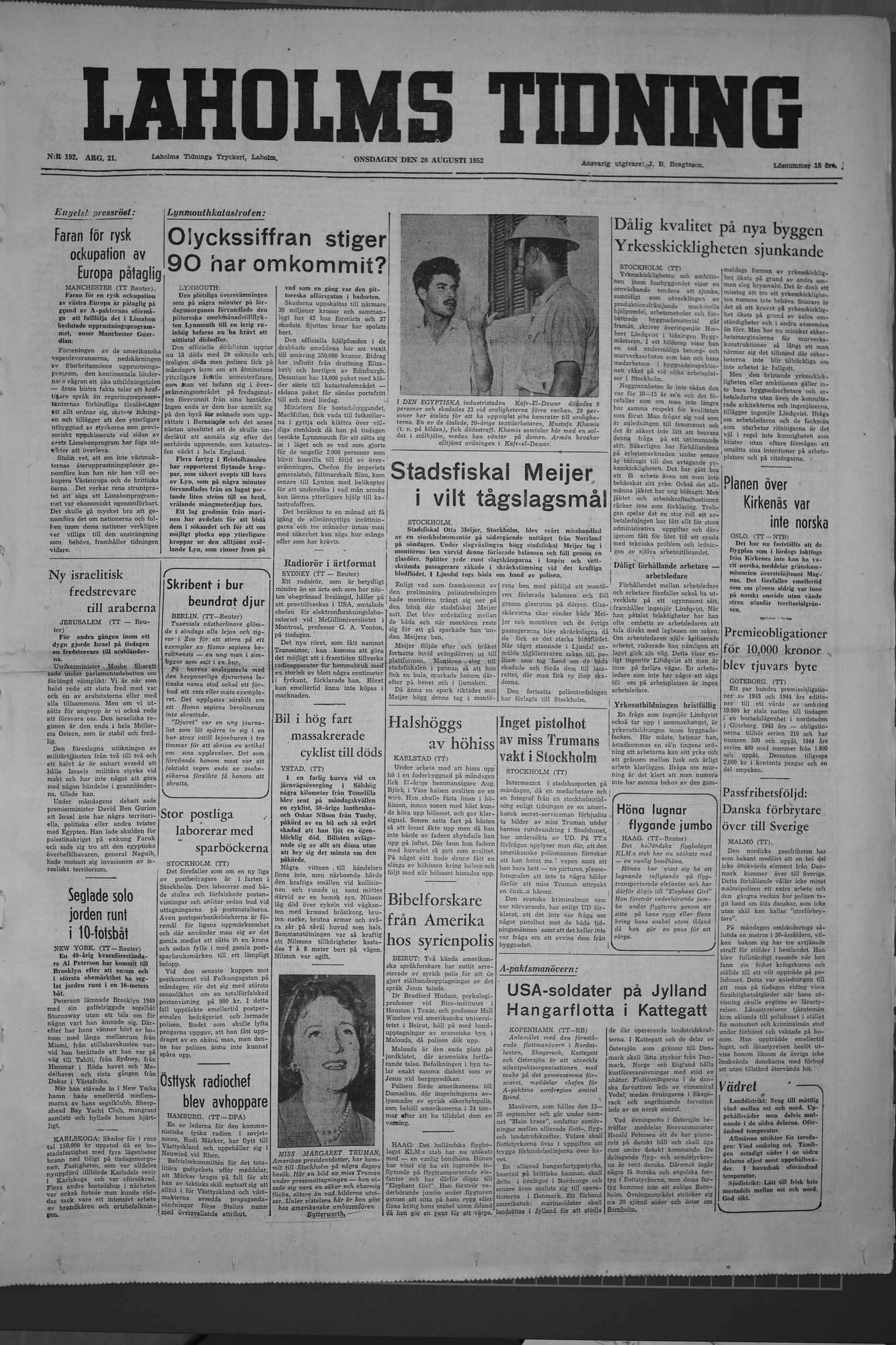 Laholms Tidning Onsdag 20 augusti 1952, sida 1