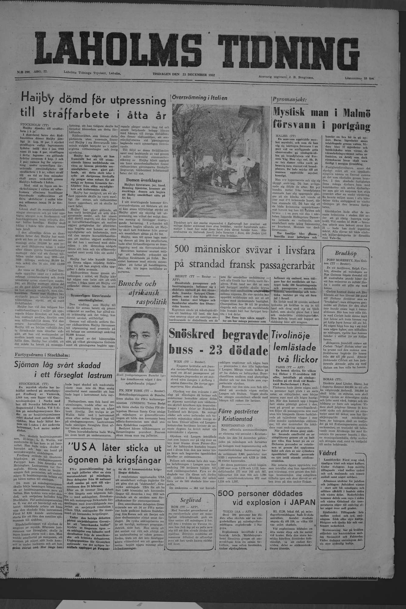 Laholms Tidning Tisdag 23 december 1952, sida 1
