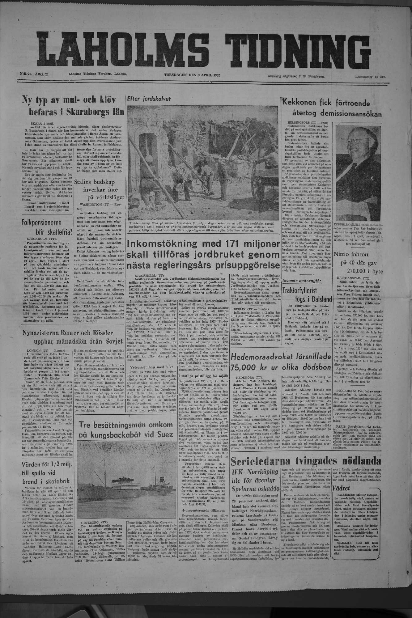 Laholms Tidning Torsdag 3 april 1952, sida 1