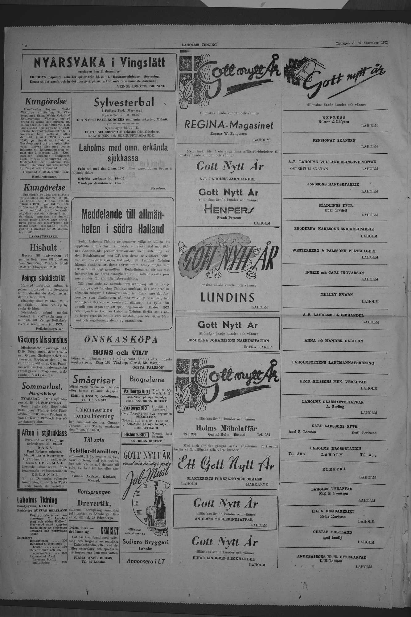 Laholms Tidning Tisdag 30 december 1952, sida 2