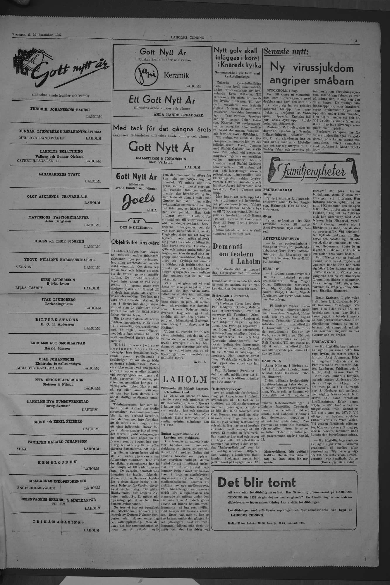 Laholms Tidning Tisdag 30 december 1952, sida 3