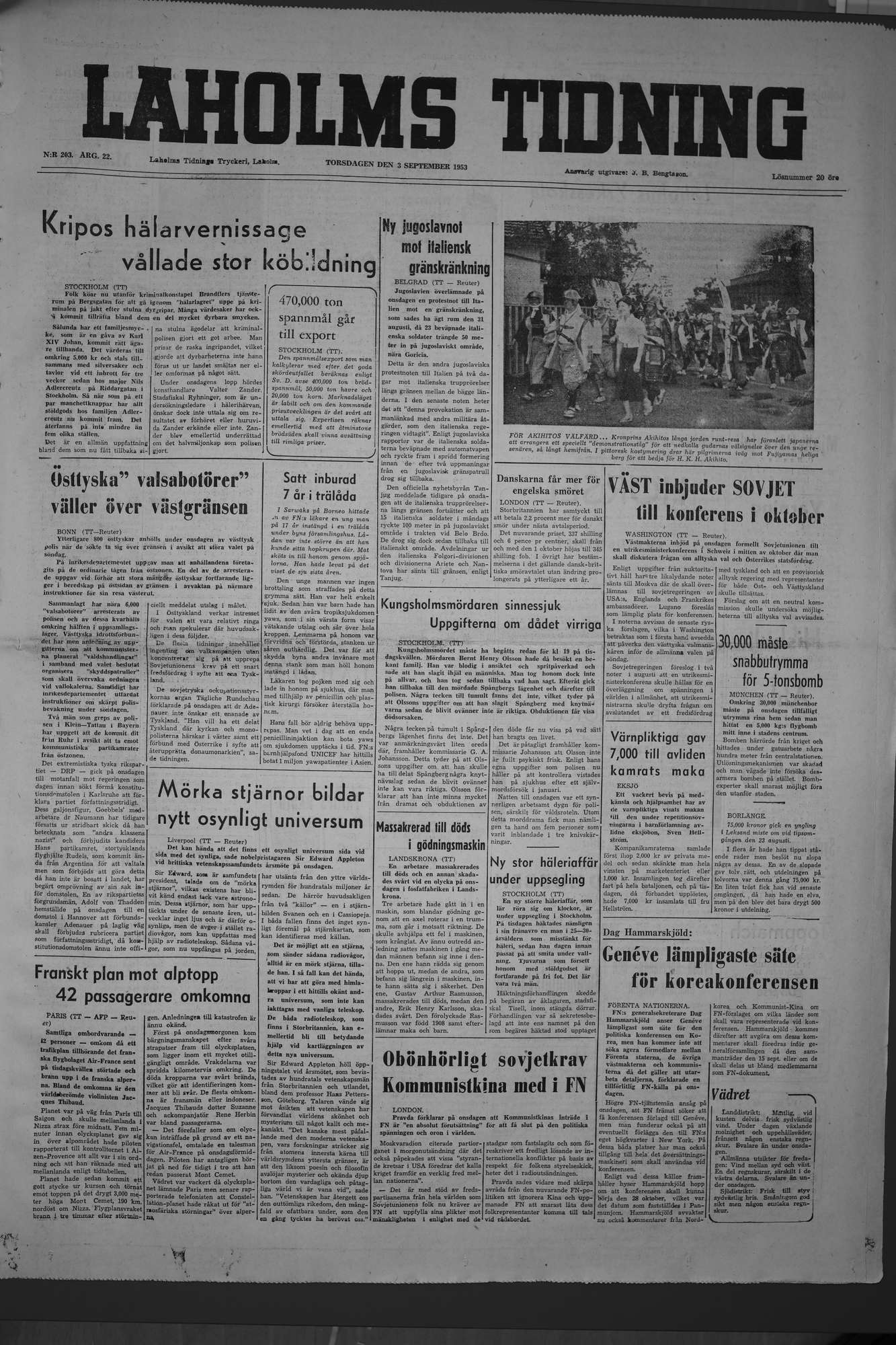 Laholms Tidning Torsdag 3 september 1953, sida 1