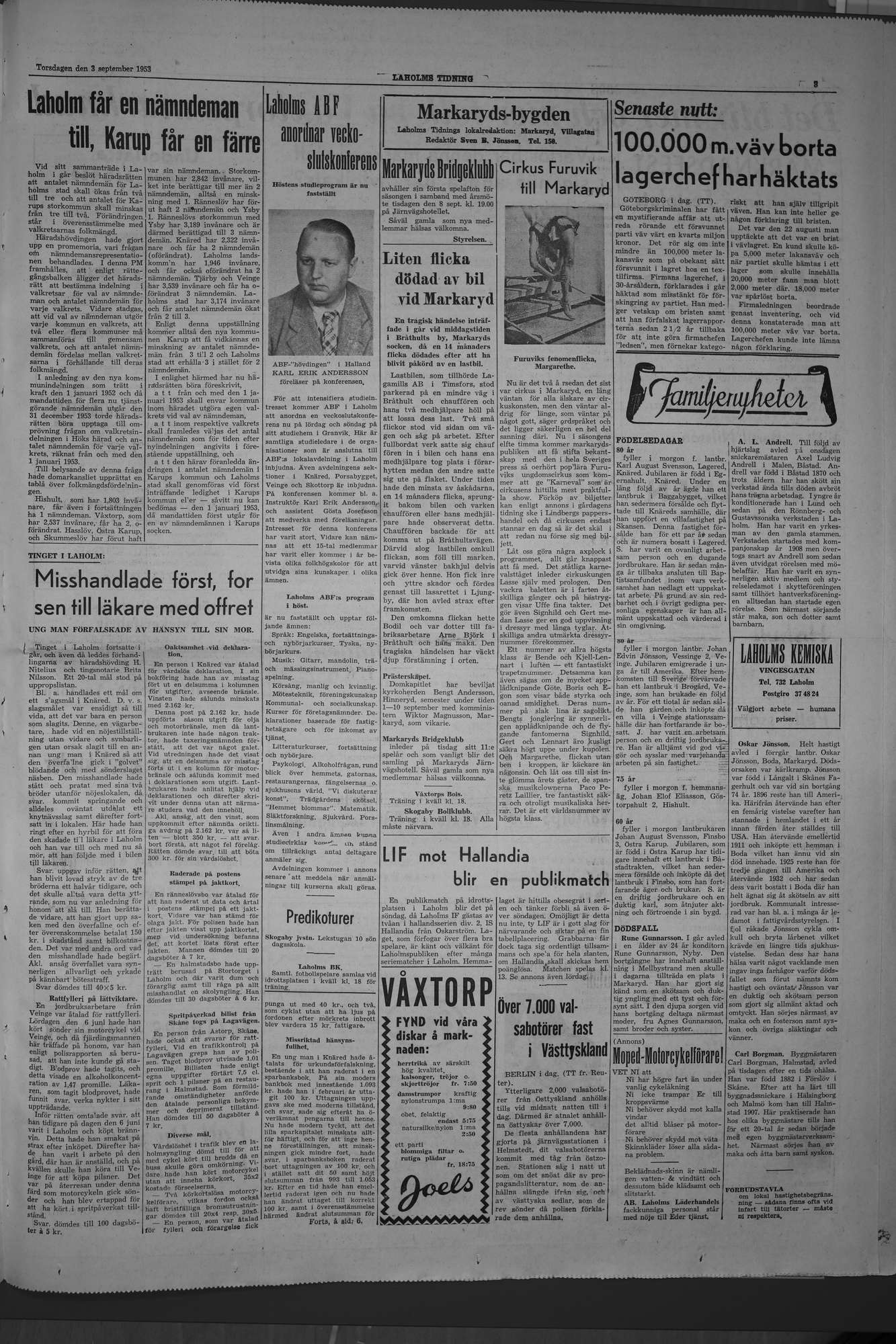 Laholms Tidning Torsdag 3 september 1953, sida 3