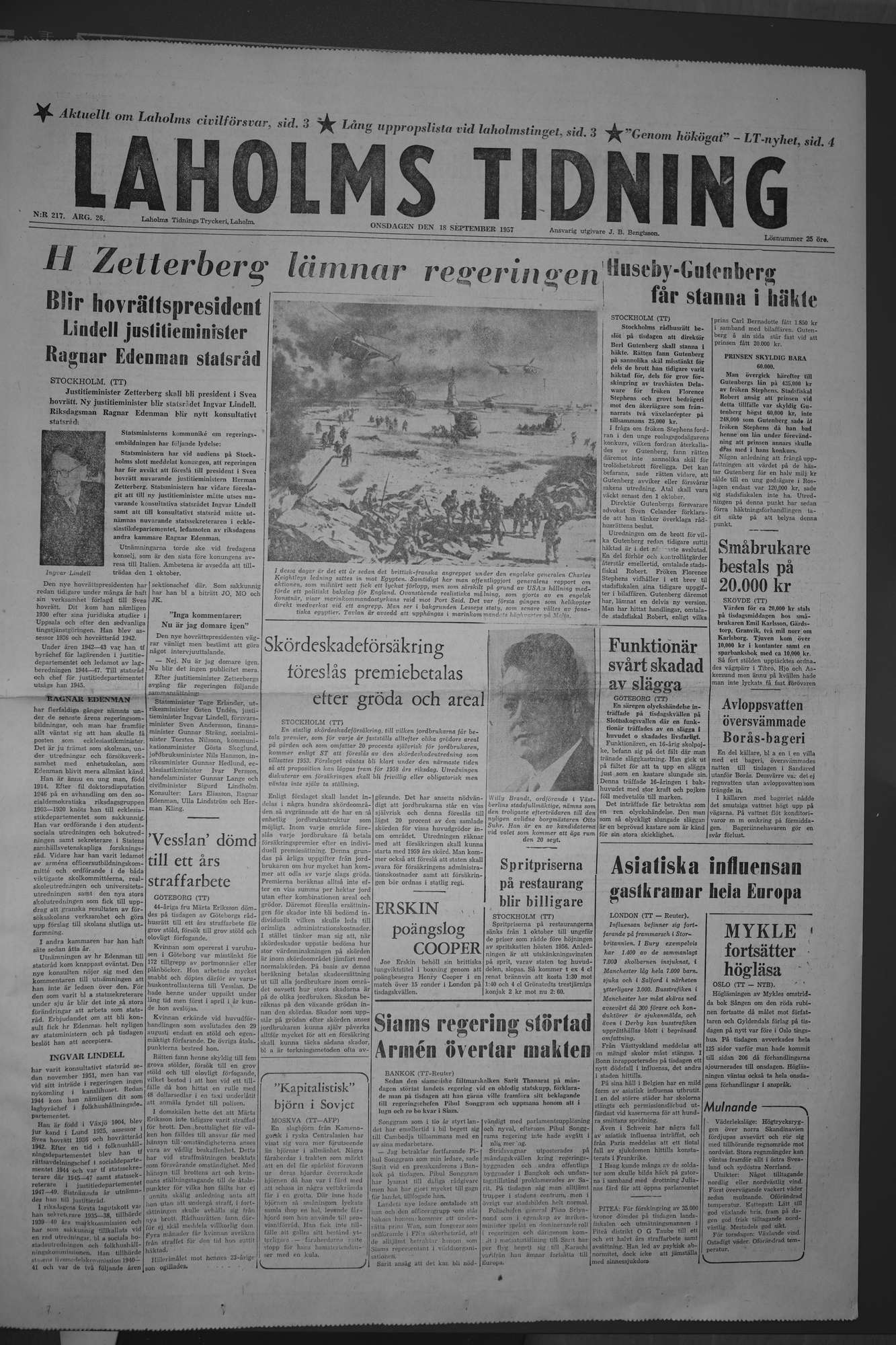 Laholms Tidning Onsdag 18 september 1957, sida 1