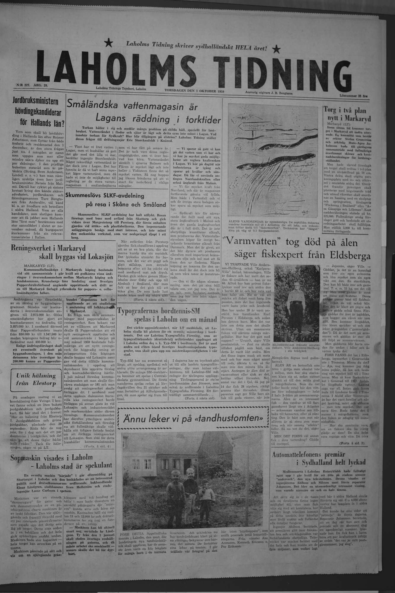 Laholms Tidning Torsdag 1 oktober 1959, sida 1