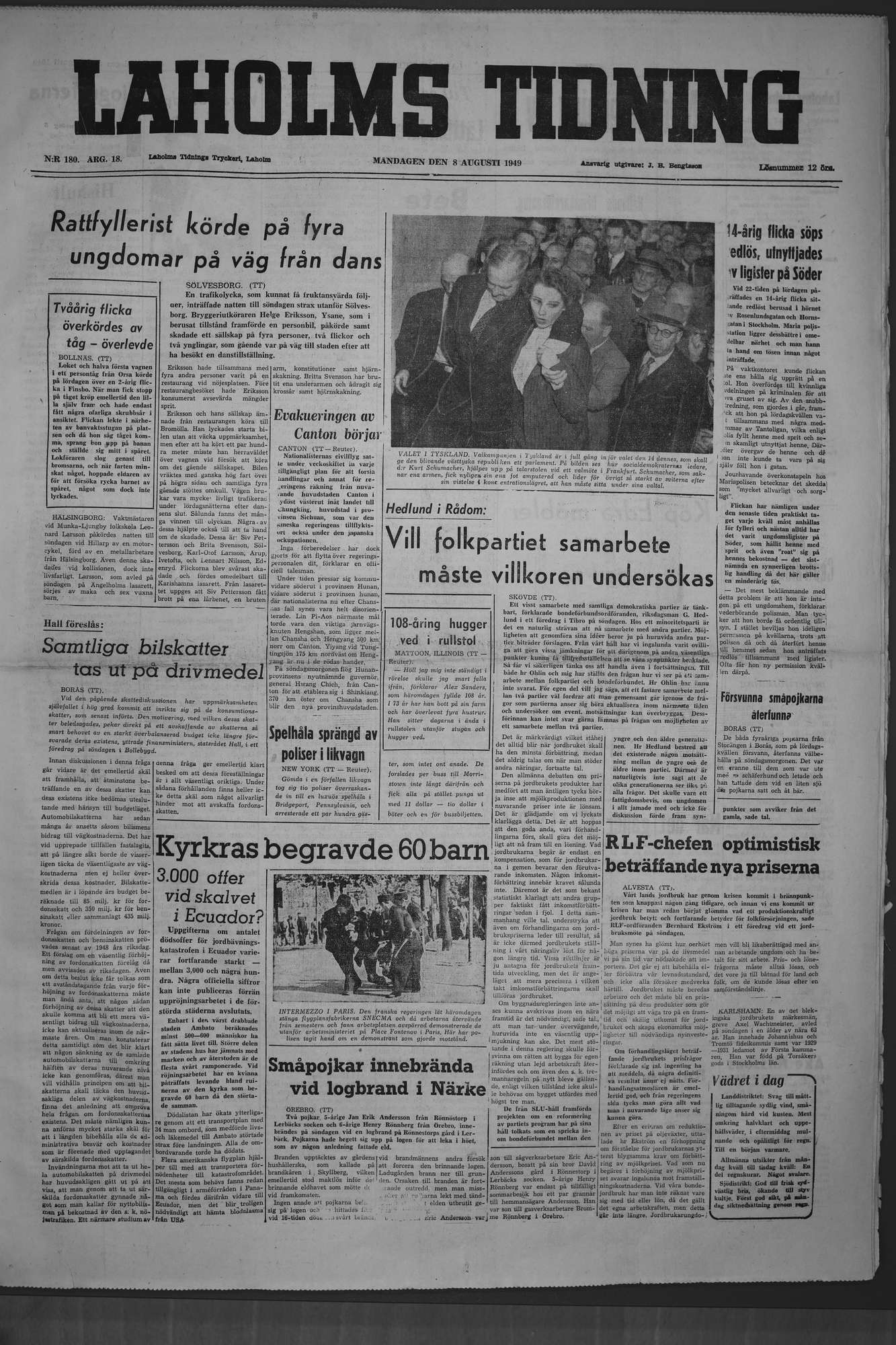 Laholms Tidning Måndag 8 augusti 1949, sida 1