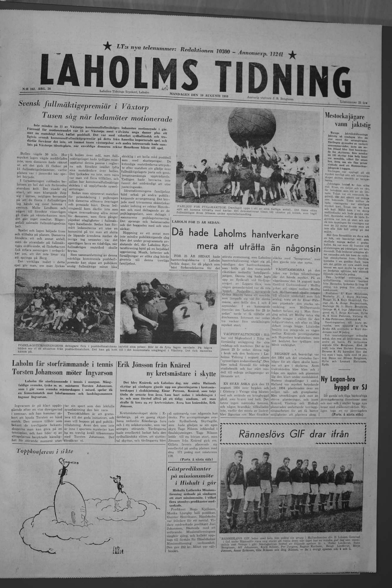 Laholms Tidning Måndag 10 augusti 1959, sida 1