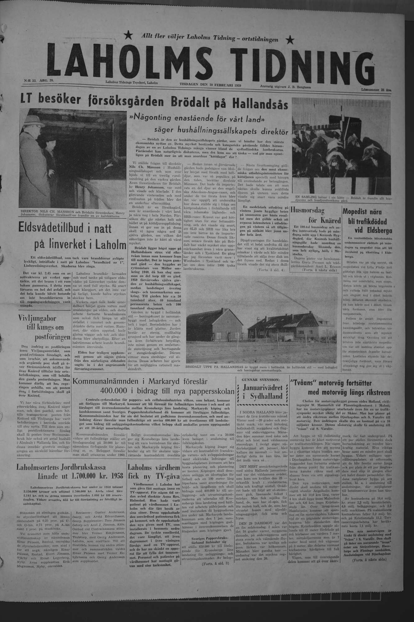 Laholms Tidning Tisdag 10 februari 1959, sida 1