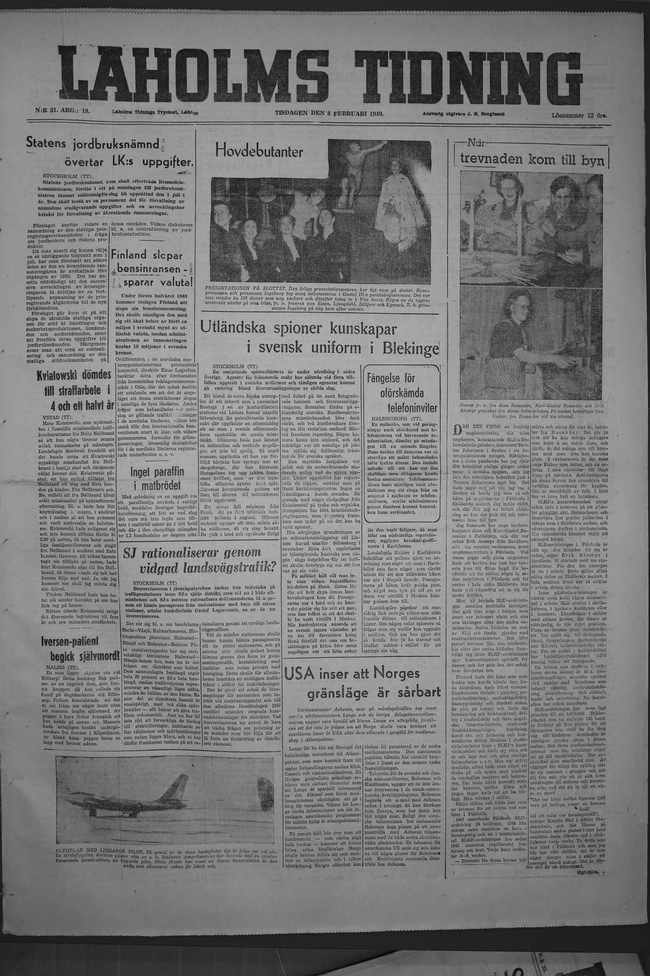 Laholms Tidning Tisdag 8 februari 1949, sida 1