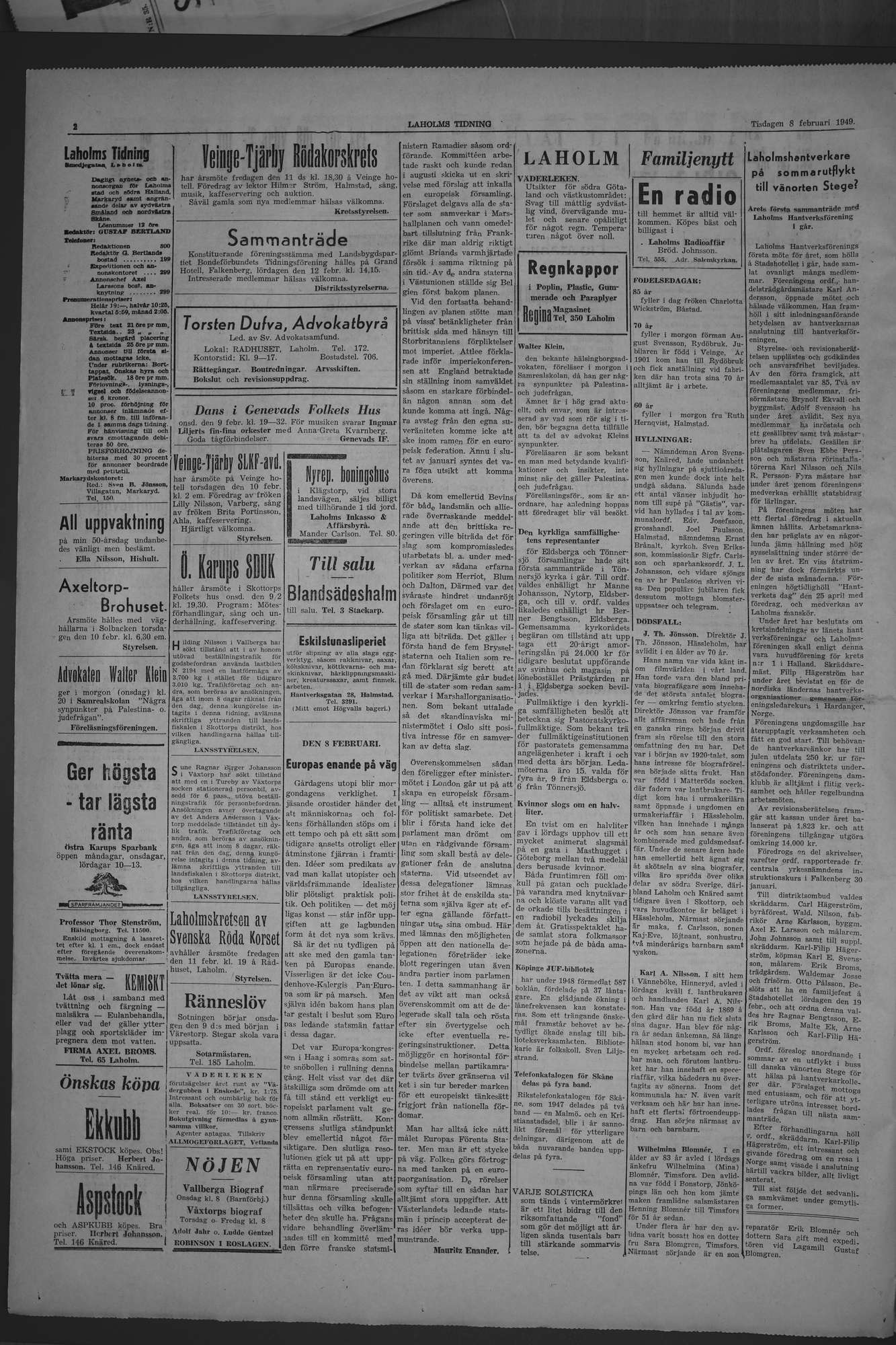Laholms Tidning Tisdag 8 februari 1949, sida 2