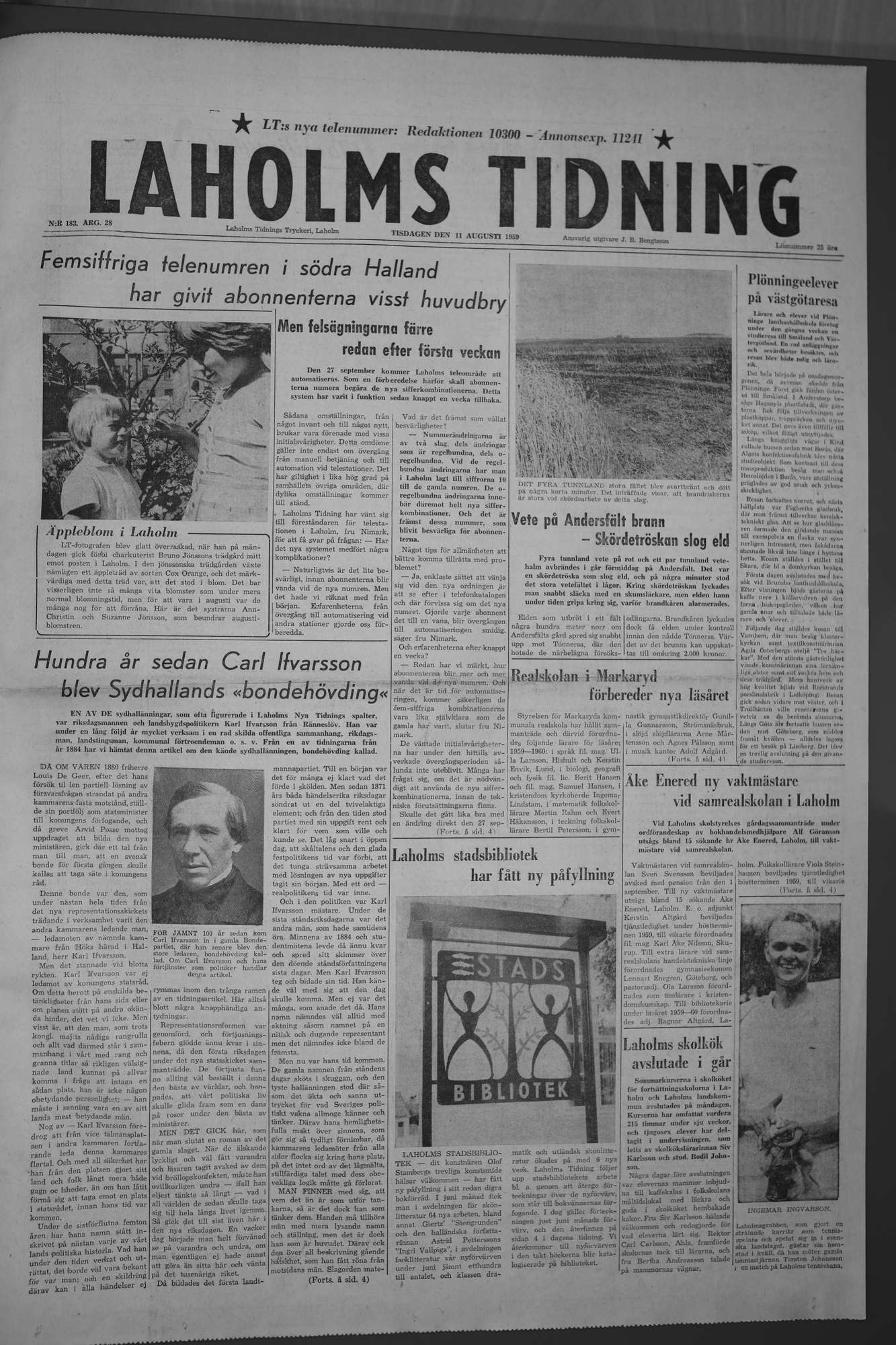 Laholms Tidning Tisdag 11 augusti 1959, sida 1