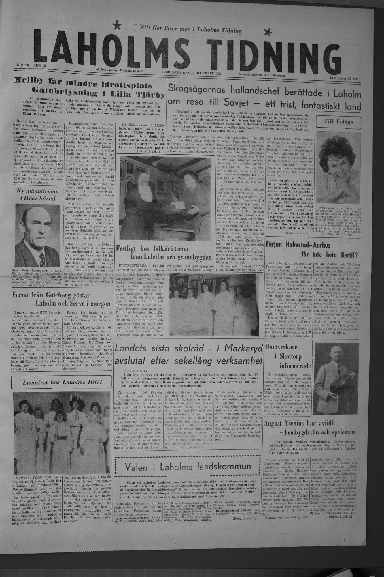 Laholms Tidning Lördag 12 december 1959, sida 1